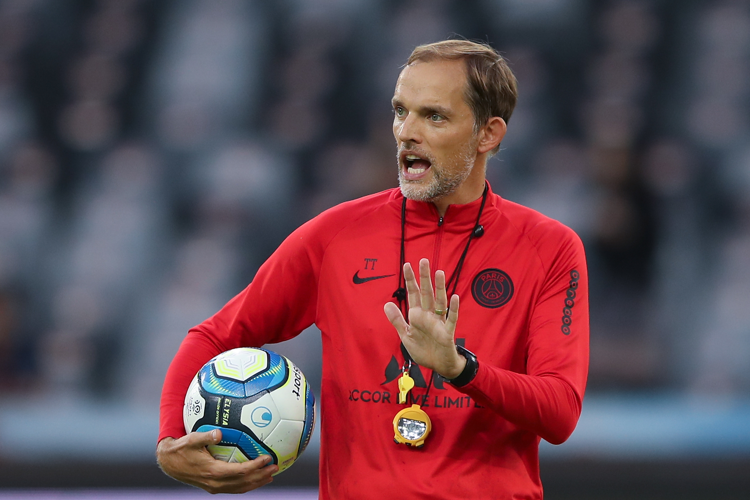 SHENZHEN, CHINA - AUGUST 02:  Head coach Thomas Tuchel of Paris Saint-Germain gestures during the training session ahead of the French Trophy of Champions football match between Rennes and Paris Saint-Germain at Shenzhen Universiadg Sports Center stadium on August 2, 2019 in Shenzhen, China.  (Photo by Lintao Zhang/Getty Images)