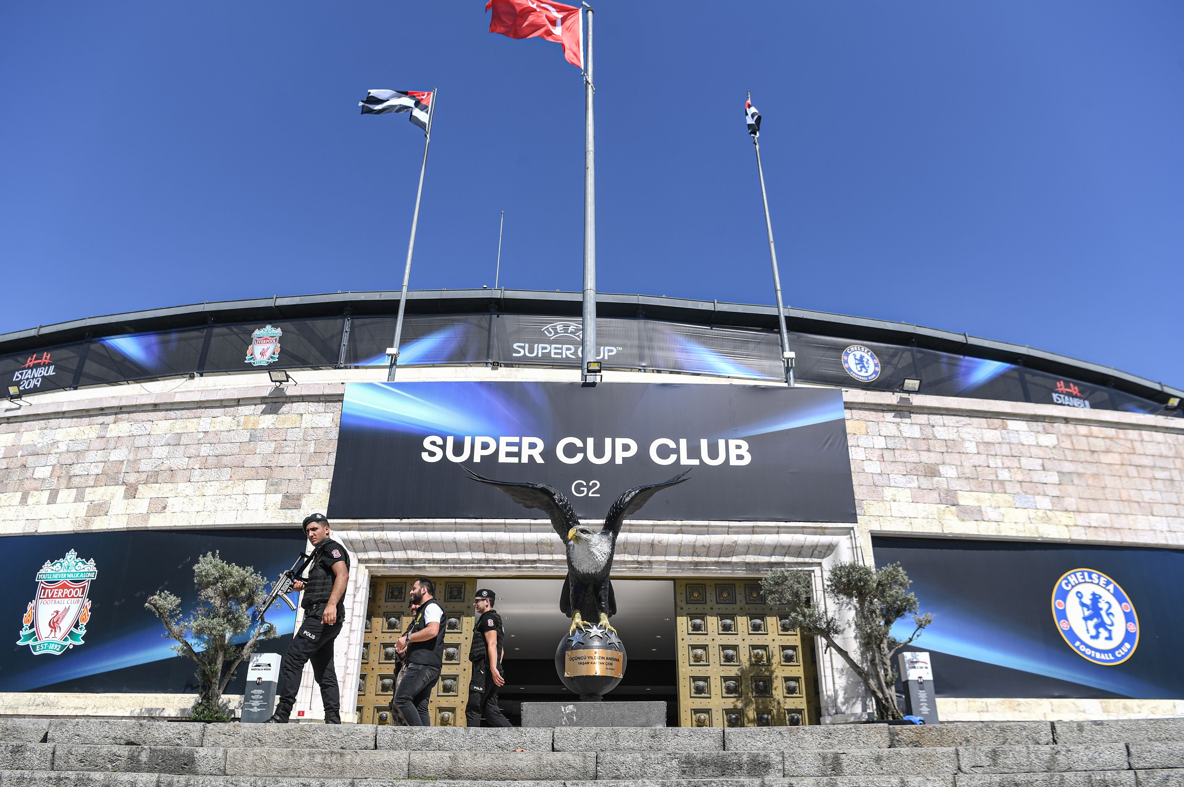 Special force police officers patrol in front of Besiktas Vodafone park stadium on August 10, 2019 ahead of the upcoming UEFA Super Cup football match between Liverpool and Chelsea, that will be played in Istanbul on August 14, 2019. (Photo by Ozan KOSE / AFP)        (Photo credit should read OZAN KOSE/AFP/Getty Images)