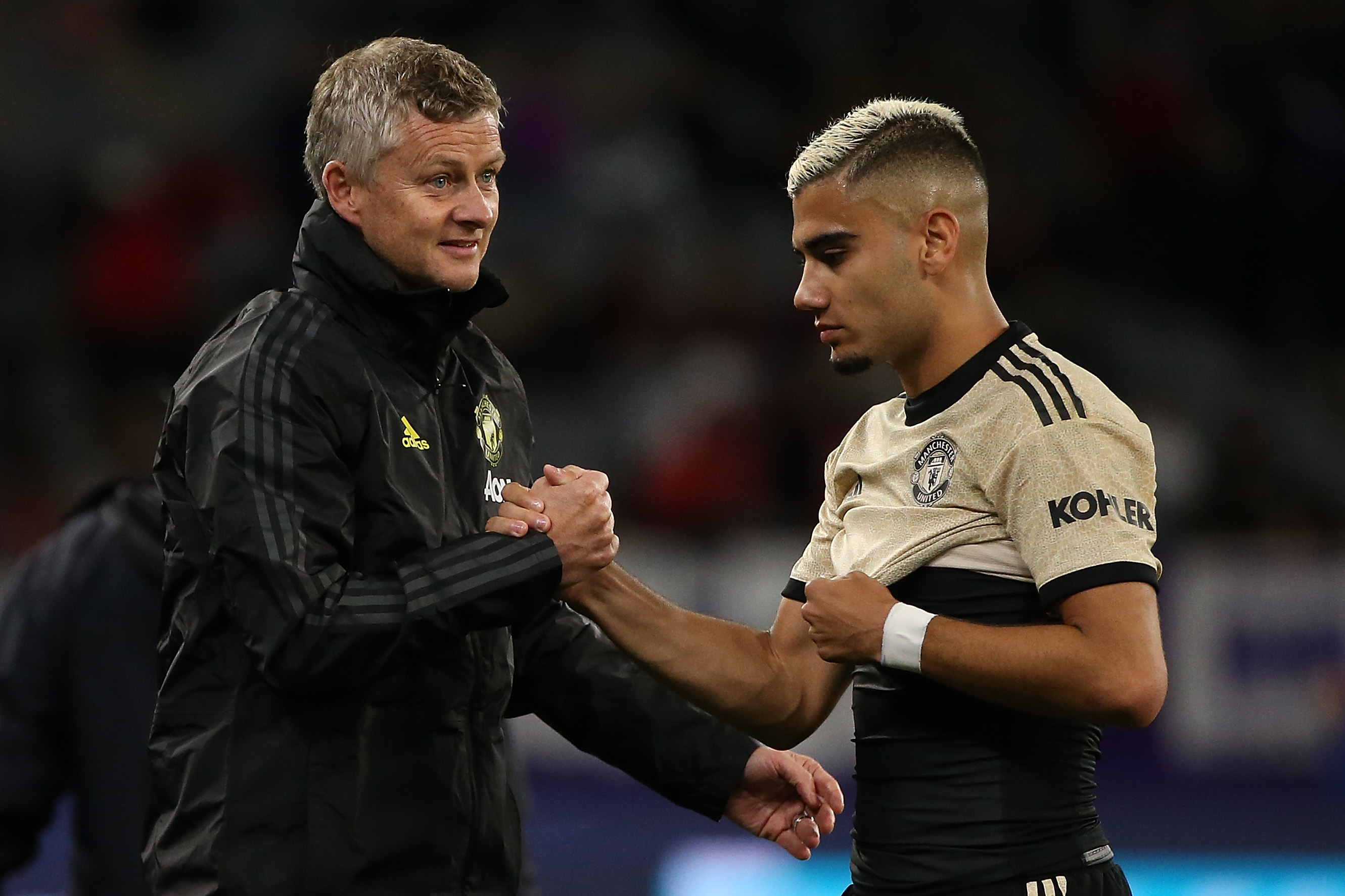 PERTH, AUSTRALIA - JULY 13: Ole Gunnar Solskjaer, manager of Manchester United acknowledges Andreas Pereira of Manchester United at half time during the match between the Perth Glory and Manchester United at Optus Stadium on July 13, 2019 in Perth, Australia. (Photo by Paul Kane/Getty Images)