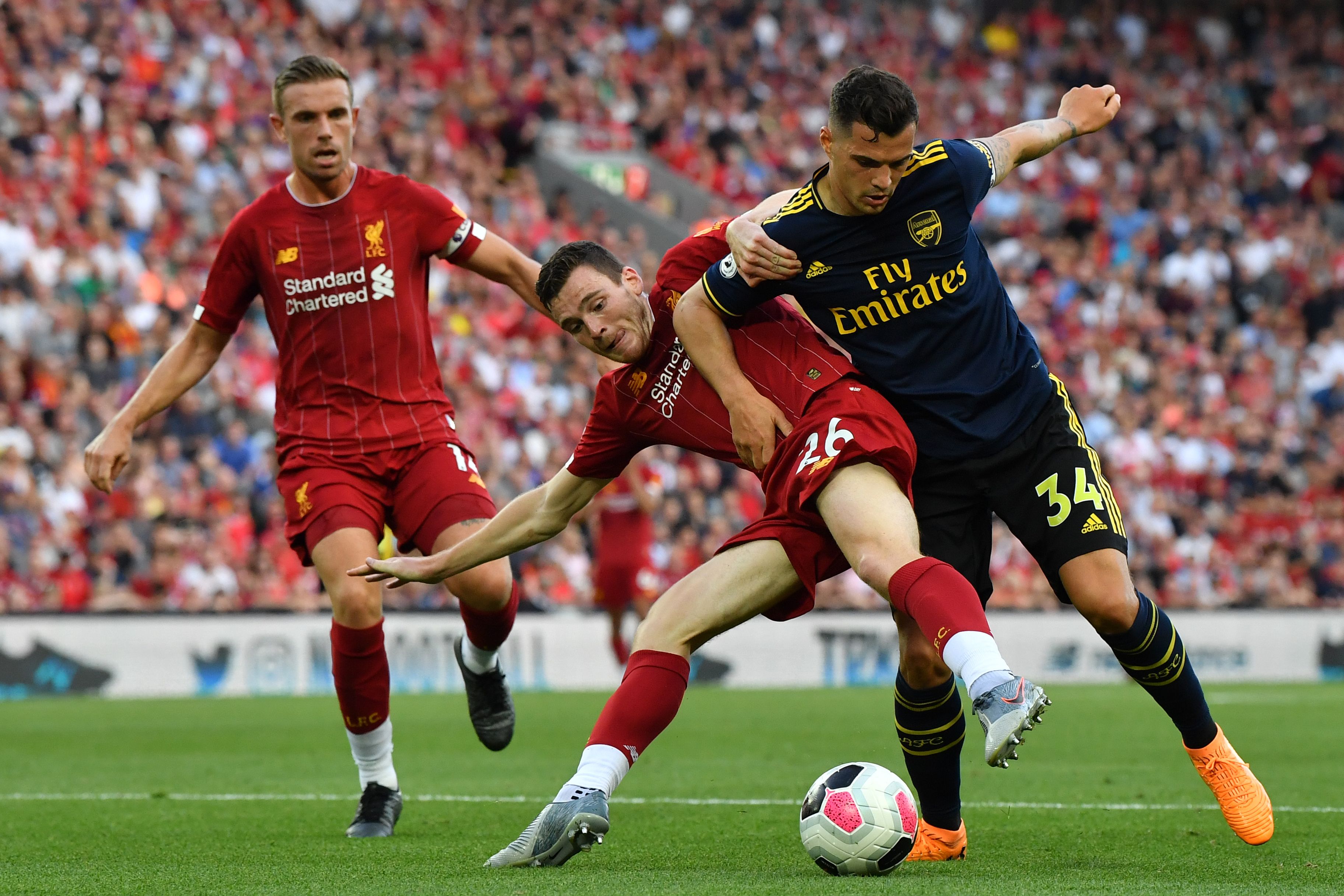 Outnumbered and outperformed was the story of Xhaka against Liverpool. (Photo by Ben Stansall/AFP/Getty Images)