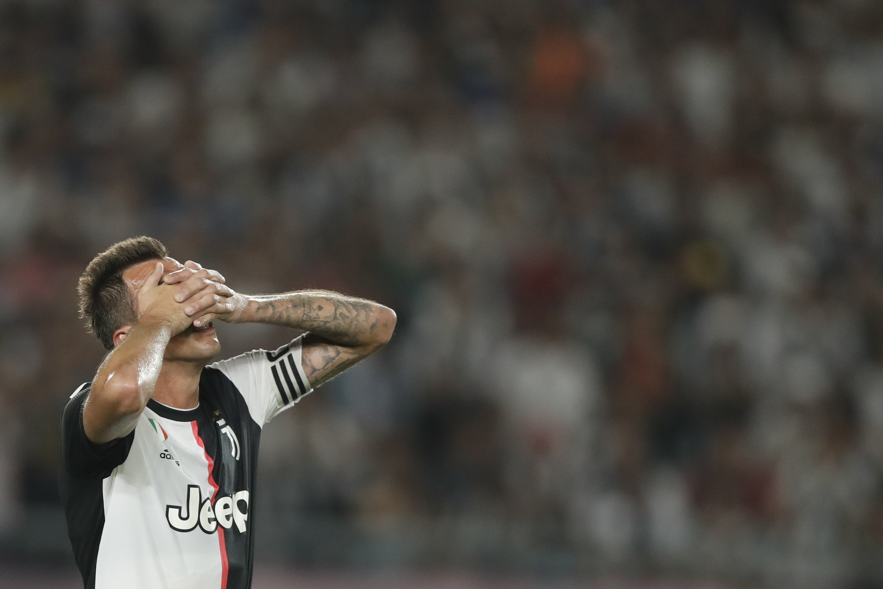 NANJING, CHINA - JULY 24: Mario Mandzukic of Juventus reacts during the International Champions Cup match between Juventus and FC Internazionale at the Nanjing Olympic Center Stadium on July 24, 2019 in Nanjing, China. (Photo by Fred Lee/Getty Images)