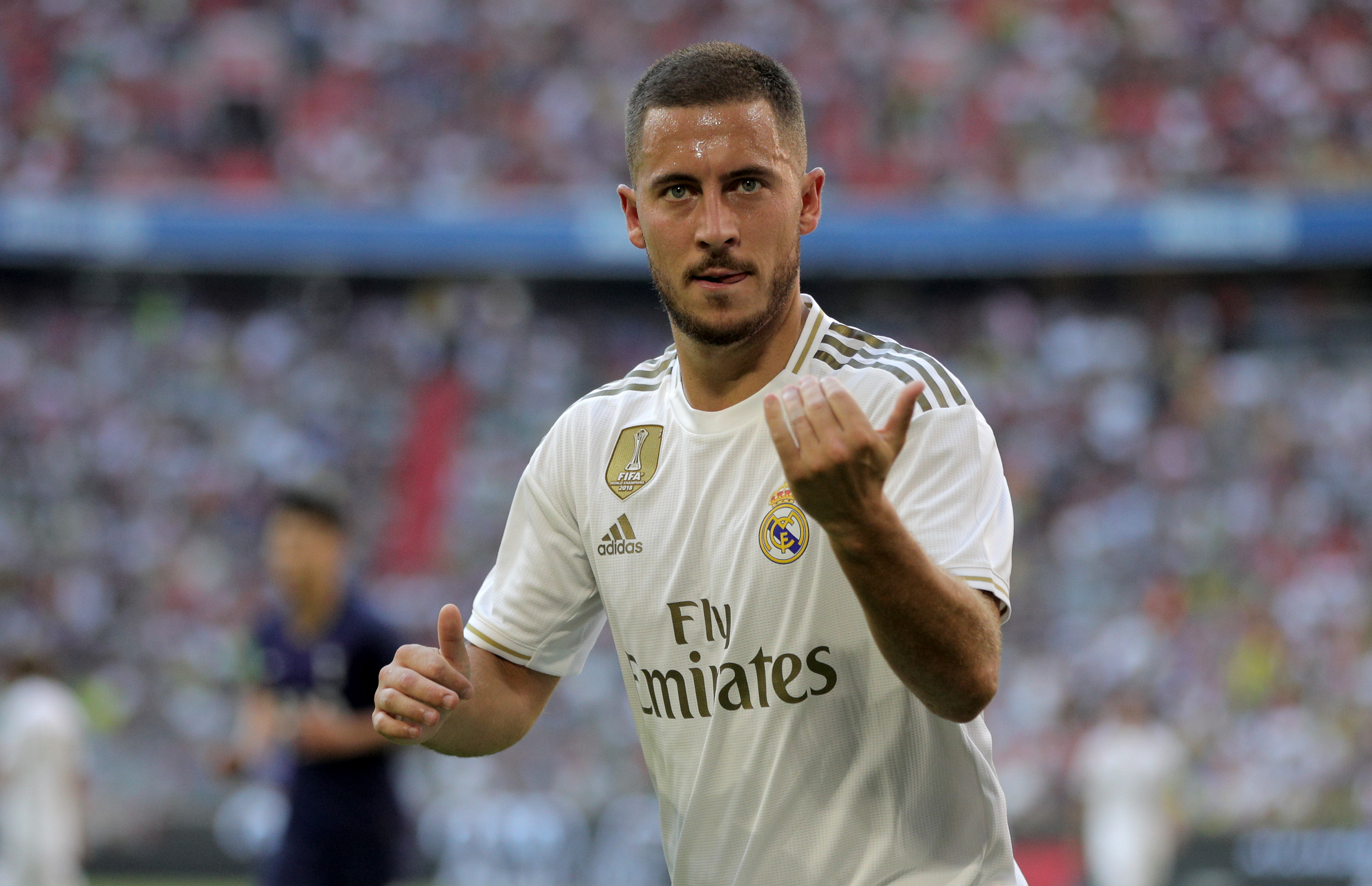 MUNICH, GERMANY - JULY 30: Eden Hazard of Madrid looks on during the Audi Cup 2019 semi final match between Real Madrid and Tottenham Hotspur at Allianz Arena on July 30, 2019 in Munich, Germany. (Photo by Adam Pretty/Bongarts/Getty Images)