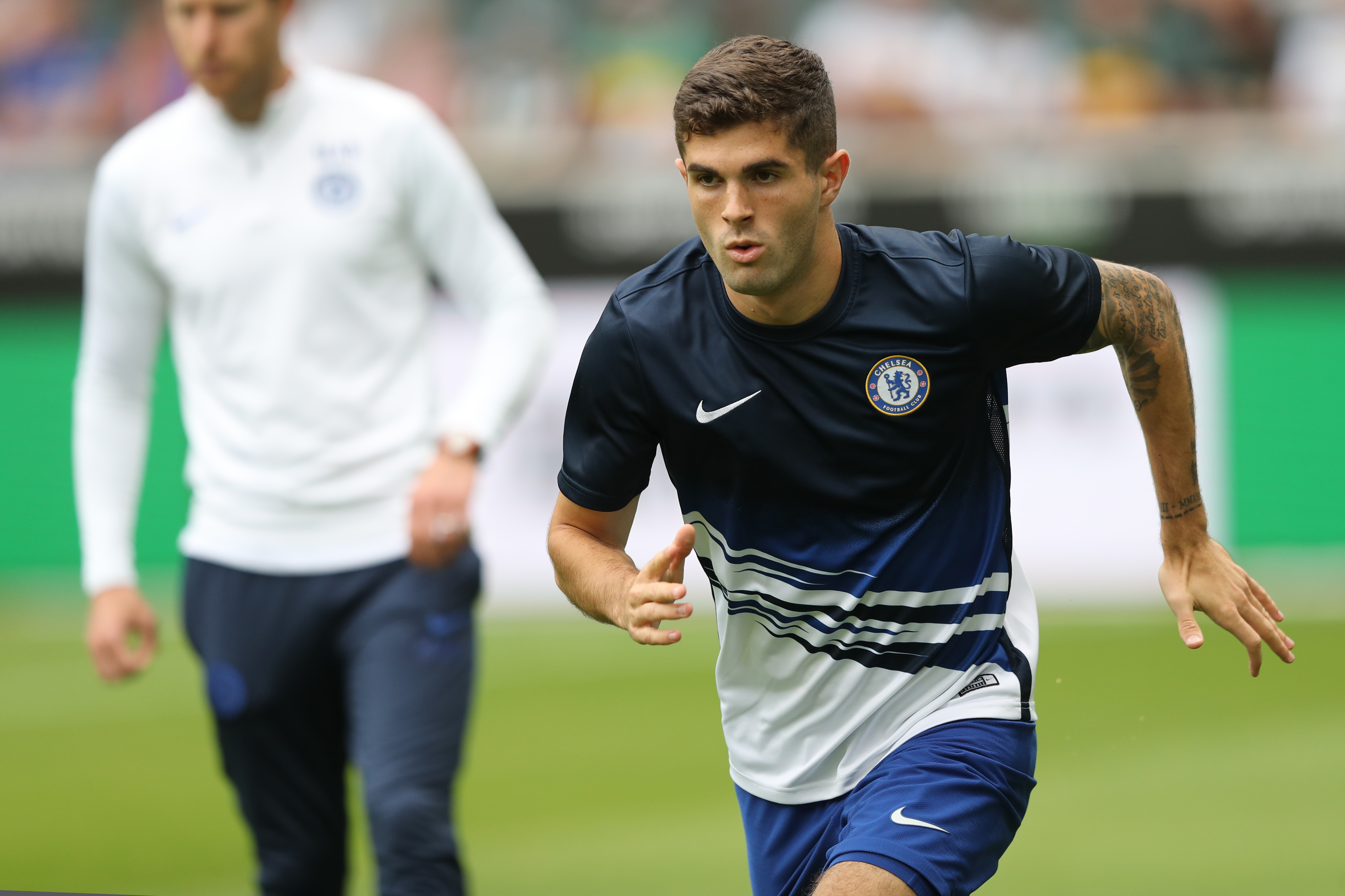 MOENCHENGLADBACH, GERMANY - AUGUST 03: Christian Pulisic of Chelsea prepares prior to the pre-season friendly match between Borussia Moenchengladbach and FC Chelsea at Borussia-Park on August 03, 2019 in Moenchengladbach, Germany. The match between Moenchengladbach and Chelsea ended 2-2.  (Photo by Christof Koepsel/Bongarts/Getty Images)
