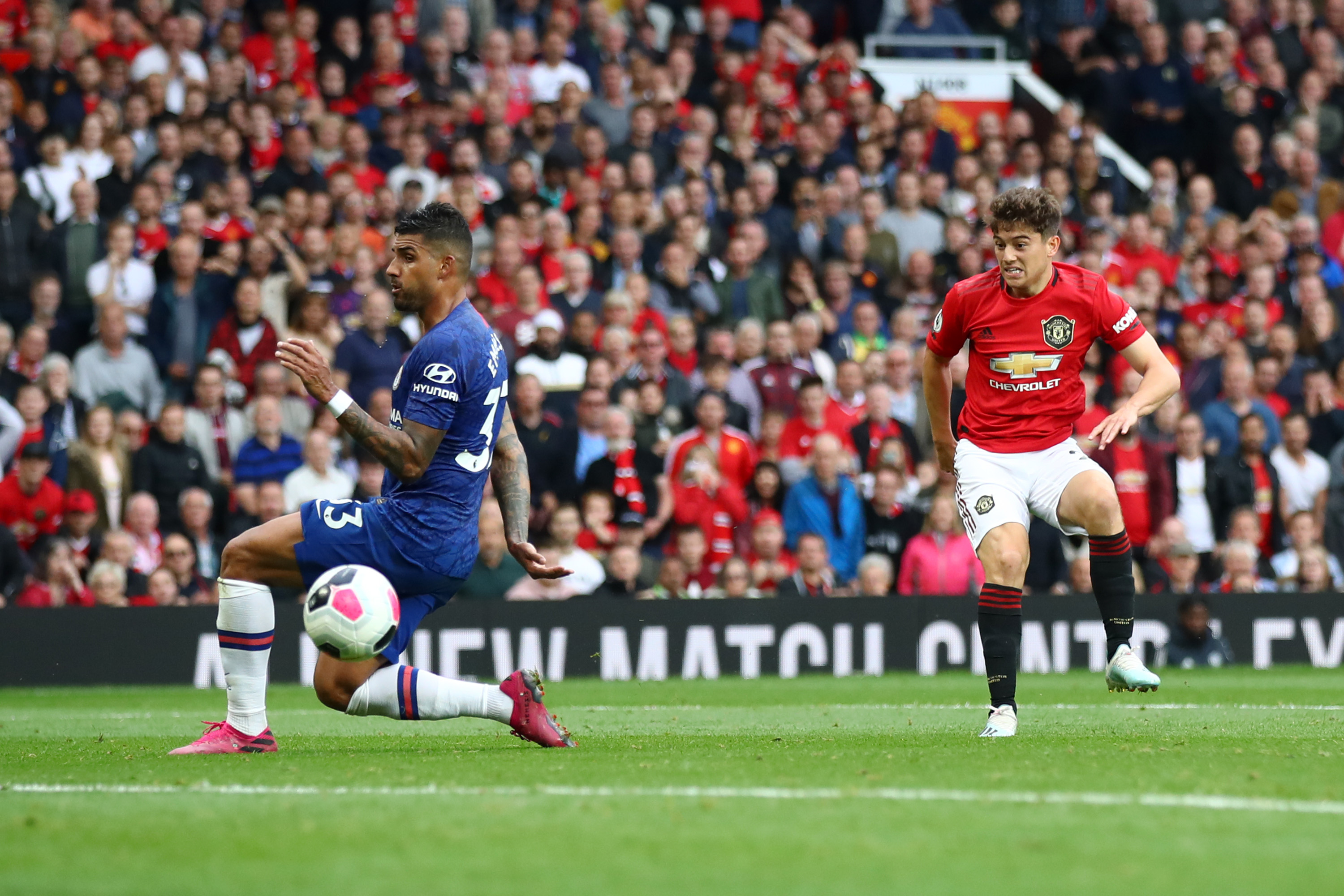 MANCHESTER, ENGLAND - AUGUST 11: Daniel James of Manchester United scores his team's fourth goal during the Premier League match between Manchester United and Chelsea FC at Old Trafford on August 11, 2019 in Manchester, United Kingdom. (Photo by Julian Finney/Getty Images)