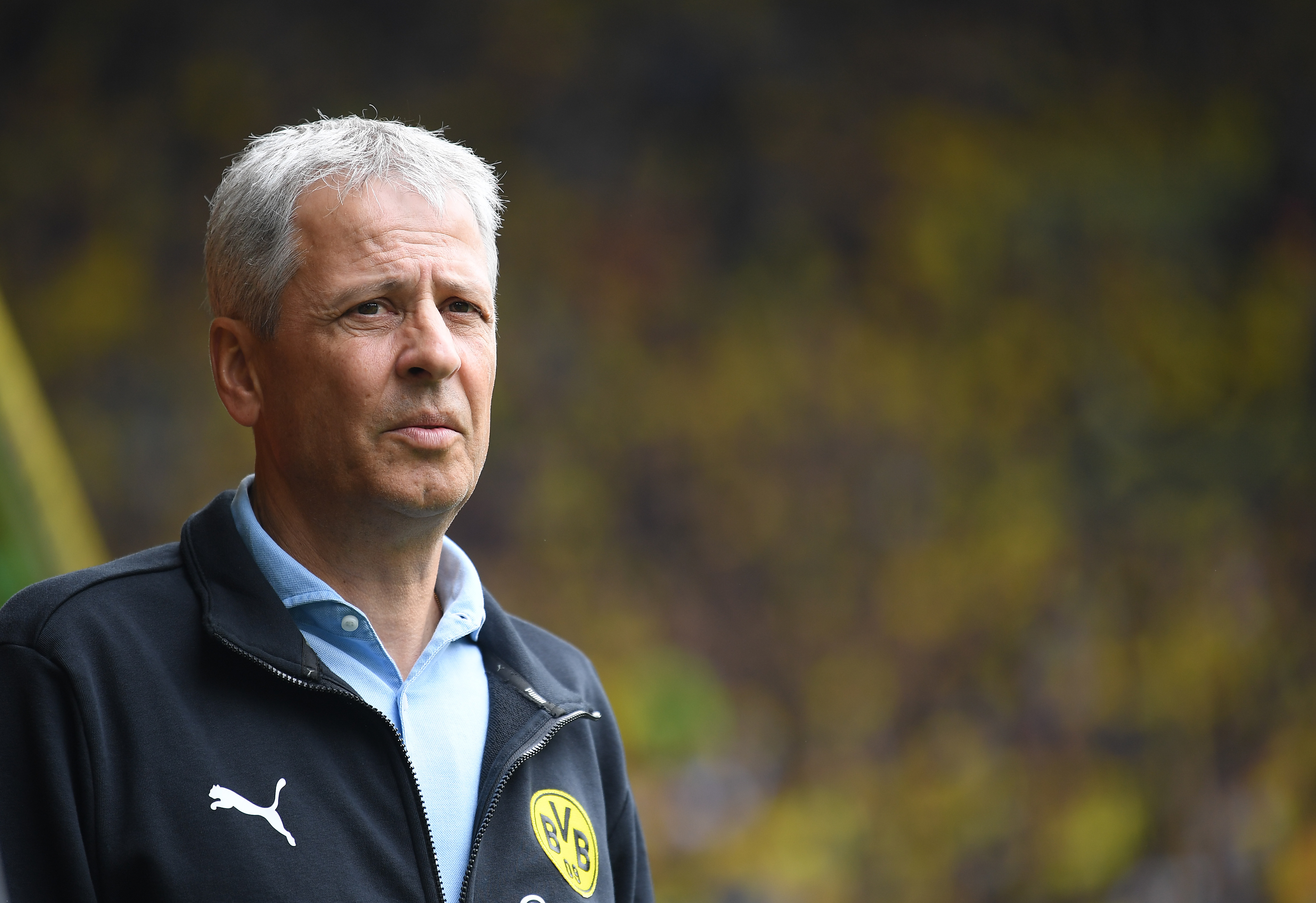 DORTMUND, GERMANY - AUGUST 17: Lucien Favre, head coach of Dortmund looks on during the Bundesliga match between Borussia Dortmund and FC Augsburg at Signal Iduna Park on August 17, 2019 in Dortmund, Germany. (Photo by Stuart Franklin/Bongarts/Getty Images)