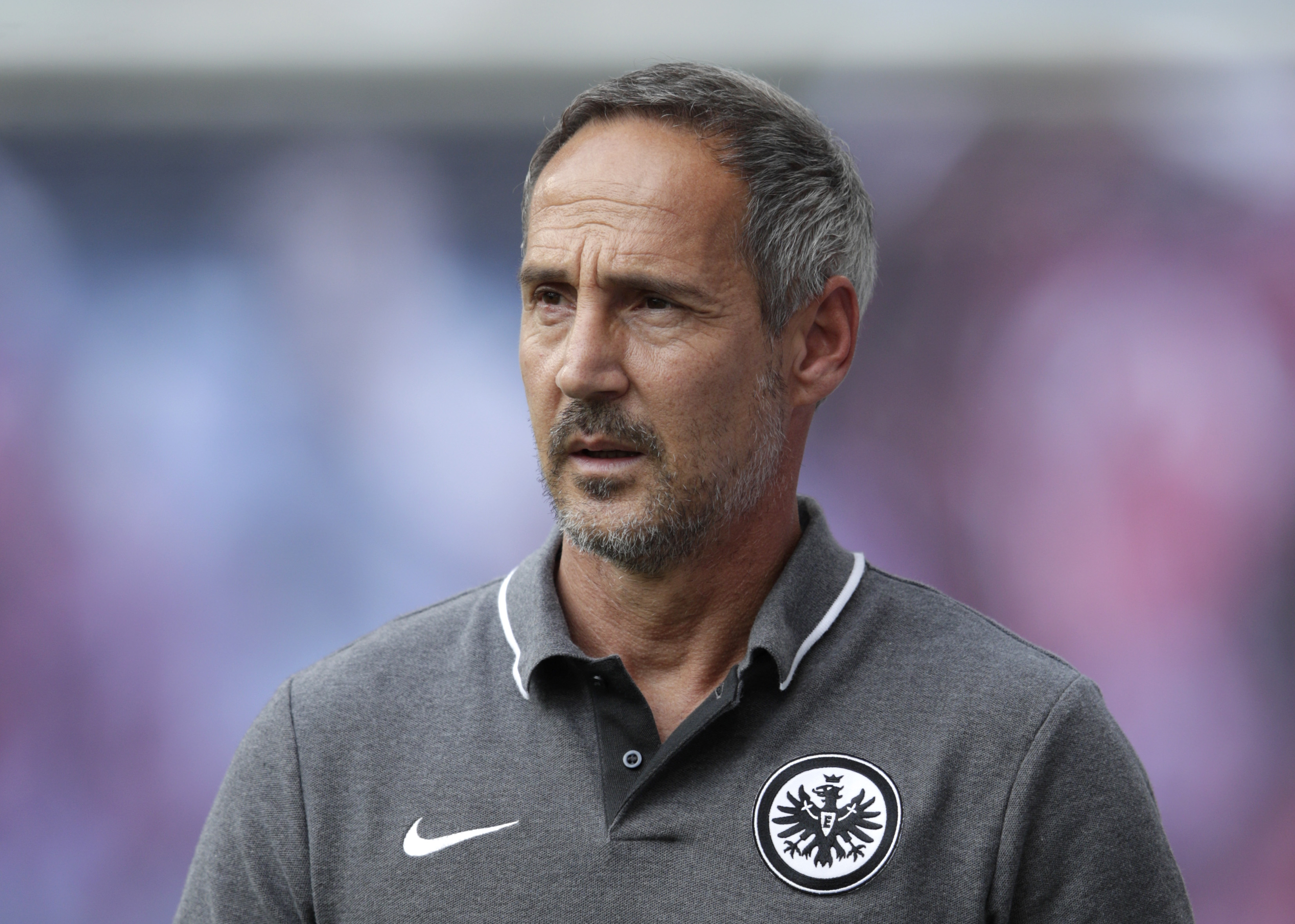 LEIPZIG, GERMANY - AUGUST 25: Adi Hutter, head coach of Eintracht Frankfurt looks on prior to the Bundesliga match between RB Leipzig and Eintracht Frankfurt at Red Bull Arena on August 25, 2019 in Leipzig, Germany. (Photo by Adam Pretty/Bongarts/Getty Images)