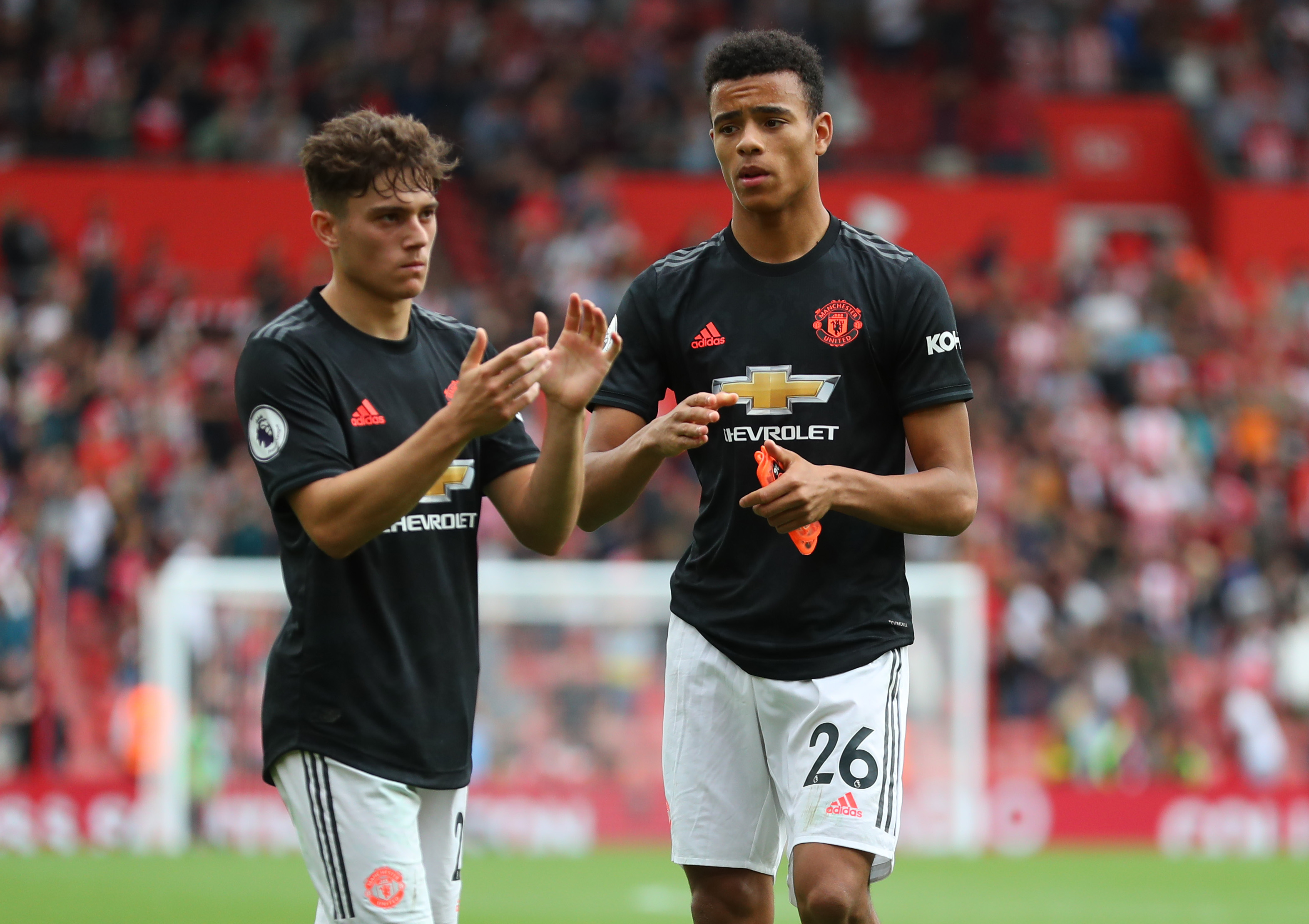 SOUTHAMPTON, ENGLAND - AUGUST 31: Dan James and Mason Greenwood of Manchester United after the Premier League match between Southampton FC and Manchester United at St Mary's Stadium on August 31, 2019 in Southampton, United Kingdom. (Photo by Catherine Ivill/Getty Images)