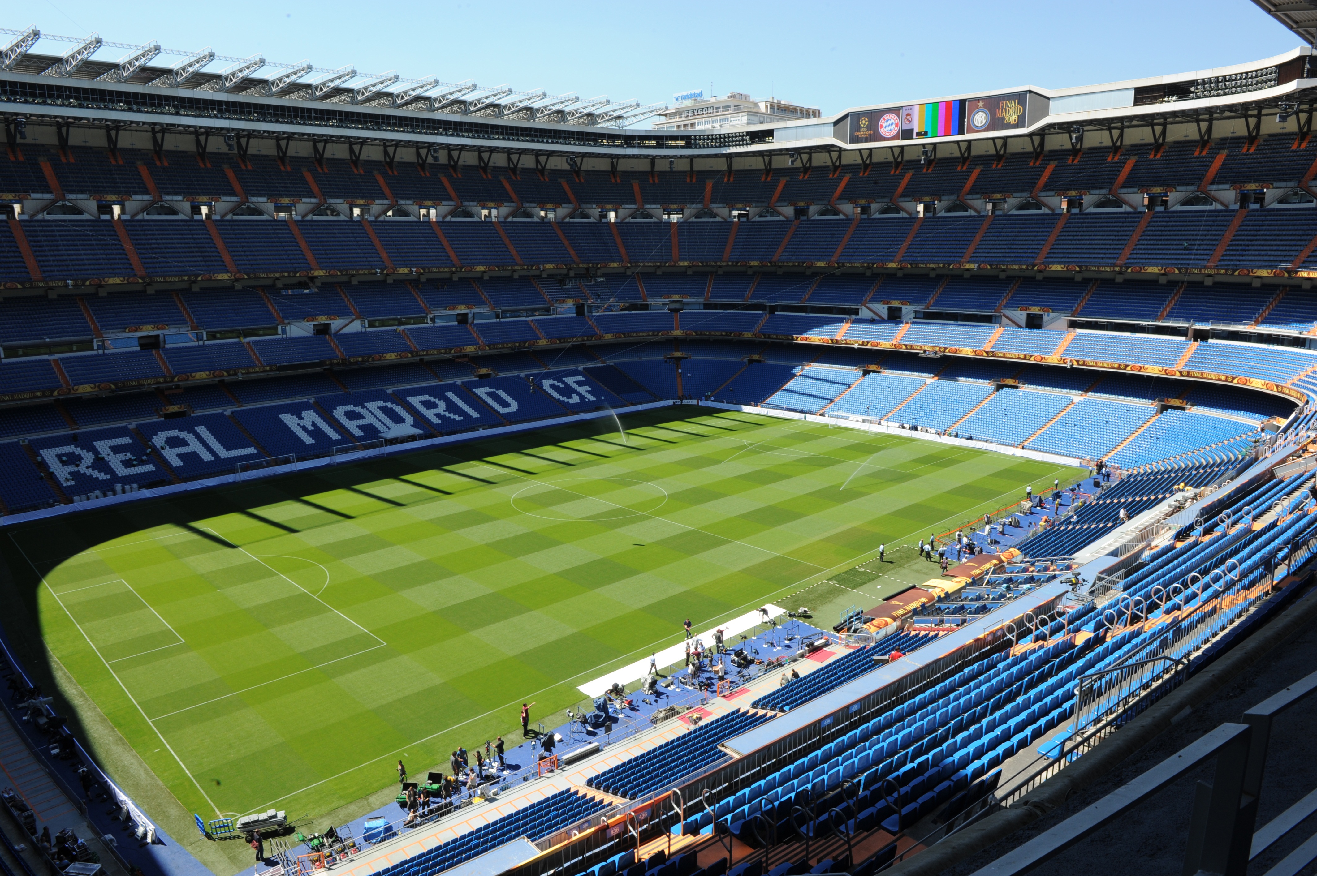Inside view of the Santiago Bernabeu stadium in Madrid taken on May 21, 2010 on the eve of the UEFA Champions League final football match. Inter Milan will face Bayern Munich in the UEFA Champions League final match to be played at the Santiago Bernabeu Stadium in Madrid on May 22, 2010.  AFP PHOTO / MLADEN ANTONOV (Photo credit should read MLADEN ANTONOV/AFP/Getty Images)