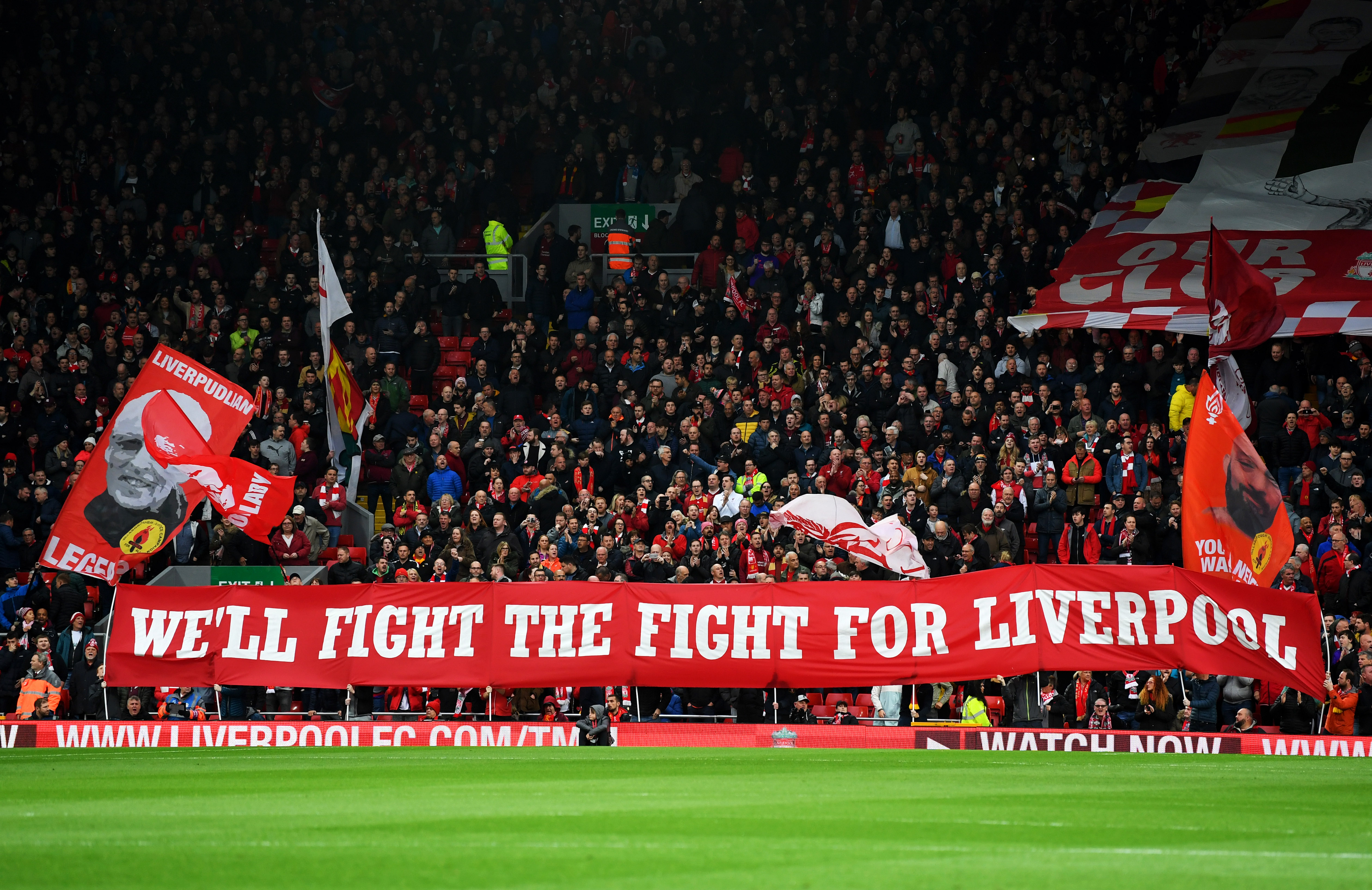 LIVERPOOL, ENGLAND - APRIL 26:  Liverpool fans show their support prior to the Premier League match between Liverpool FC and Huddersfield Town at Anfield on April 26, 2019 in Liverpool, United Kingdom. (Photo by Michael Regan/Getty Images)