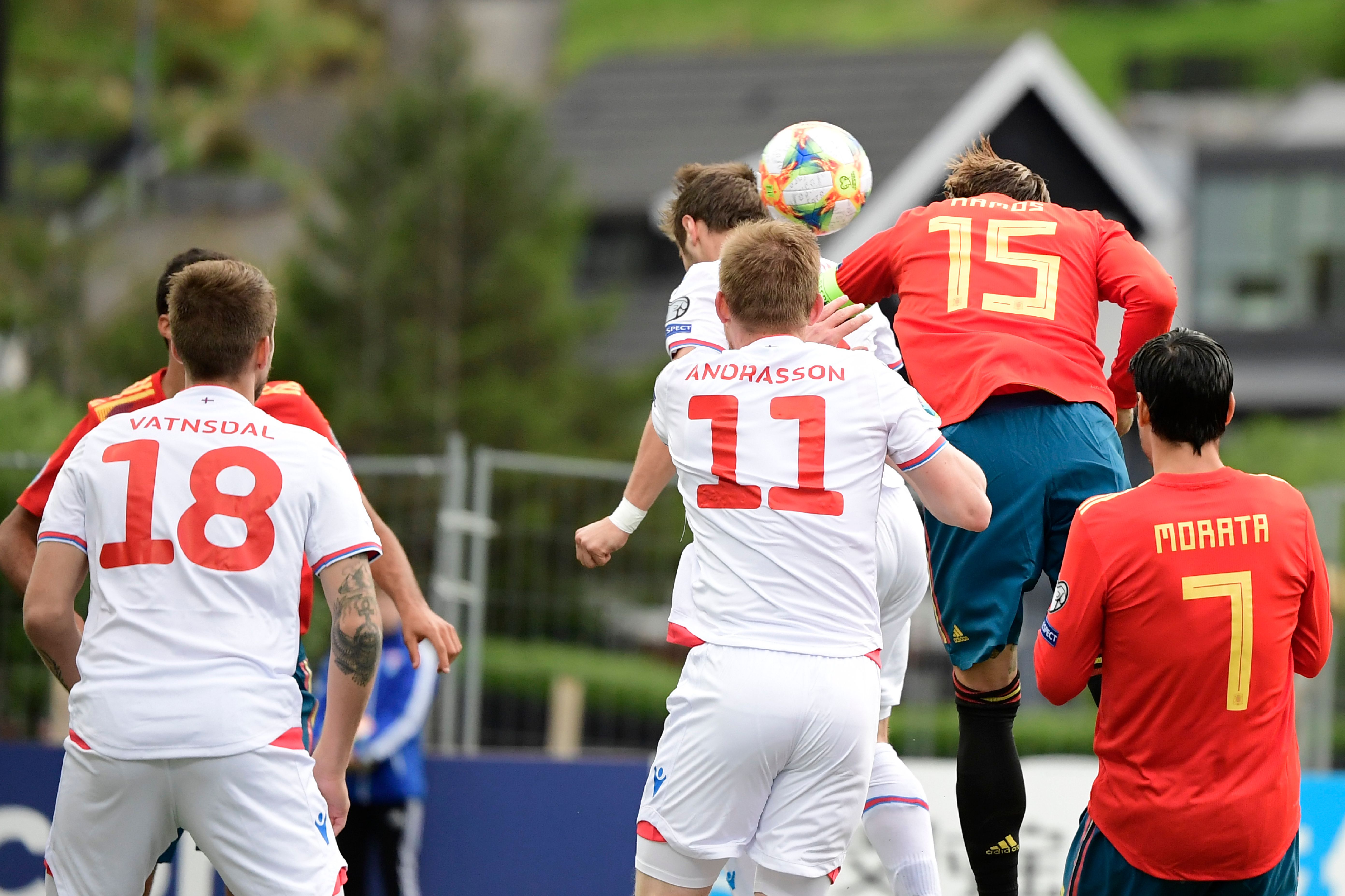 Spain´s defender Sergio Ramos (2R) scores a goal during the UEFA Euro 2020 group F qualifying football match between Faroe Islands and Spain at the Trosvollur stadium in Torshavn on June 7, 2019. (Photo by JAVIER SORIANO / AFP)        (Photo credit should read JAVIER SORIANO/AFP/Getty Images)