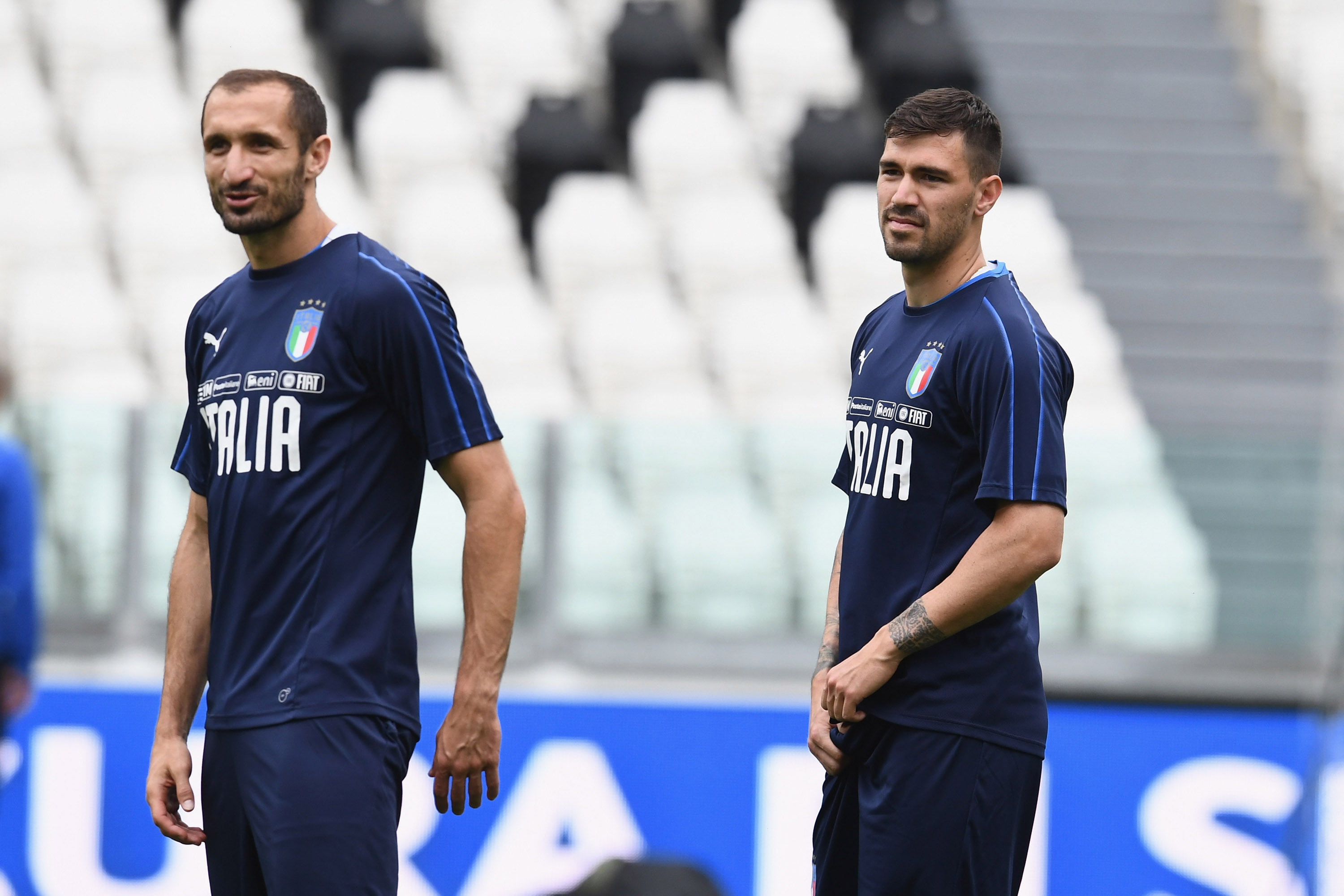 TURIN, ITALY - JUNE 10:  Giorgio Chiellini and Alessio Romagnoli of Italy in action during a Italy training session at Allianz Stadium on June 10, 2019 in Turin, Italy.  (Photo by Claudio Villa/Getty Images)