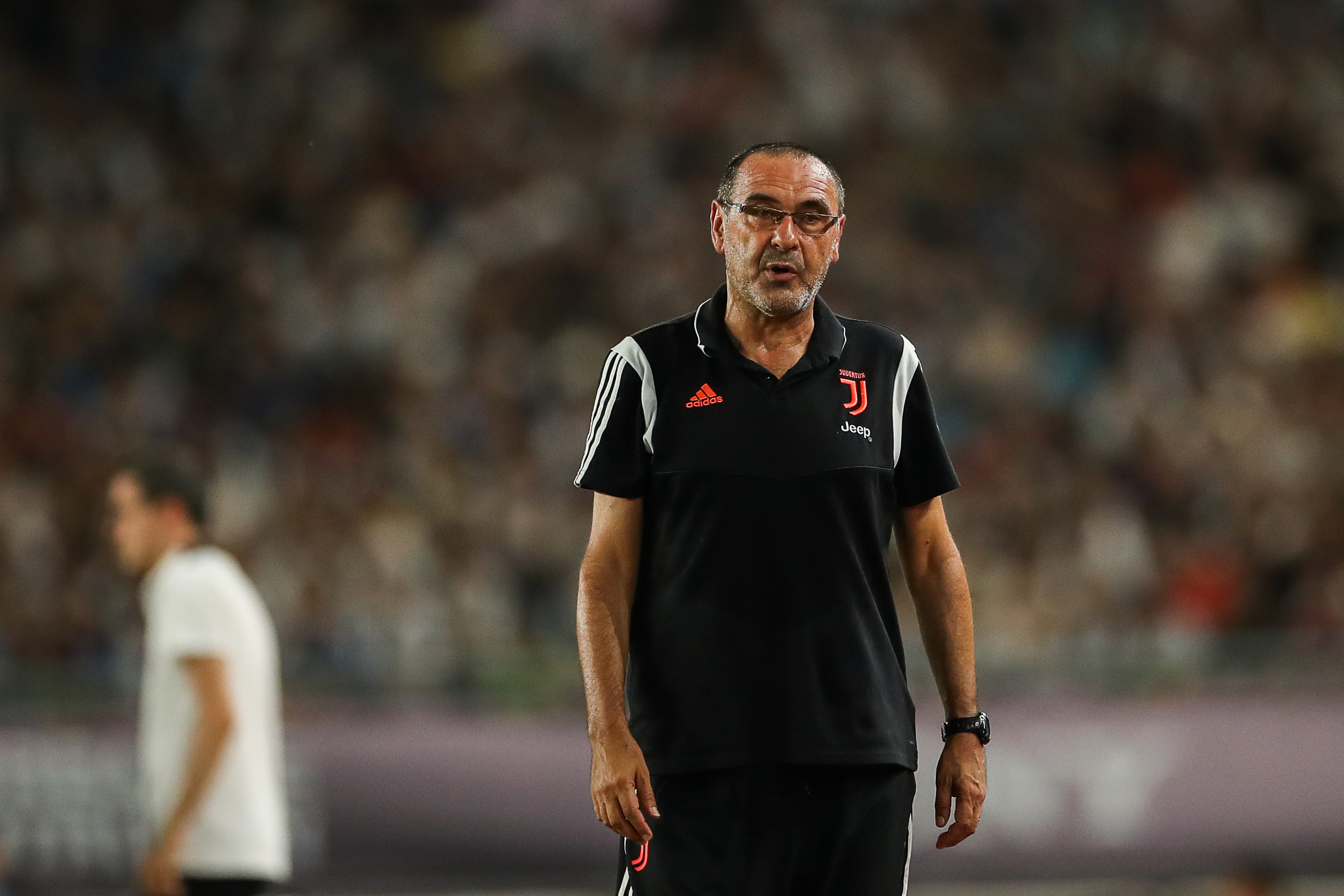 NANJING, CHINA - JULY 24: Maurizio Sarri head coach of Juventus reacts during the International Champions Cup match between Juventus and FC Internazionale at the Nanjing Olympic Center Stadium on July 24, 2019 in Nanjing, China. (Photo by Yifan Ding/Getty Images)