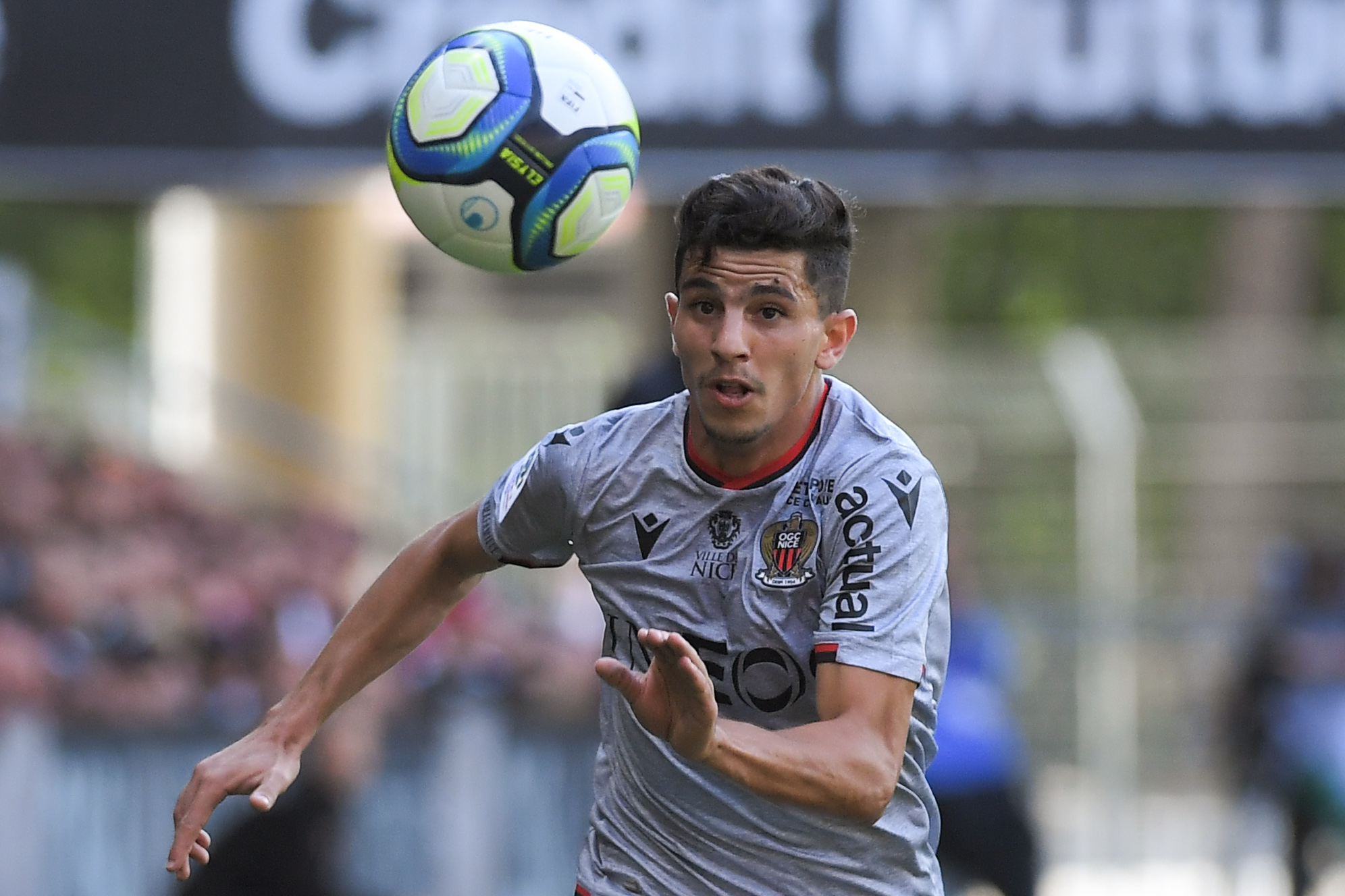 Nice's Algerian defender Youcef Atal eyes the ball during the French L1 football match Stade Rennais vs Nice, on September 1, 2019 at the Roazhon Park stadium in Rennes, western France. (Photo by LOIC VENANCE / AFP)        (Photo credit should read LOIC VENANCE/AFP/Getty Images)