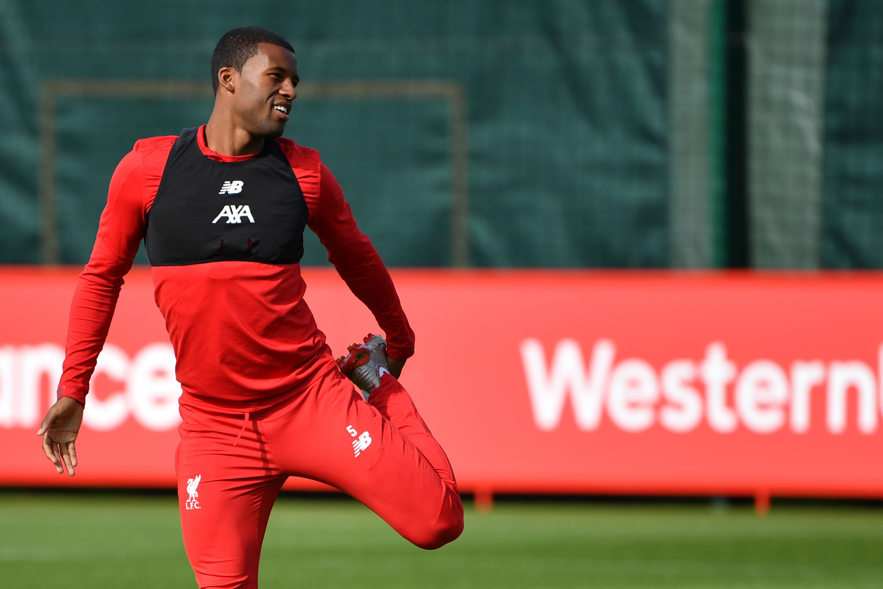 Liverpool's Dutch midfielder Georginio Wijnaldum takes part in a training session at their Melwood complex, Liverpool, north west England on the eve of their Champions league group stage football match against Napoli on September 16, 2019. (Photo by Paul ELLIS / AFP)        (Photo credit should read PAUL ELLIS/AFP/Getty Images)