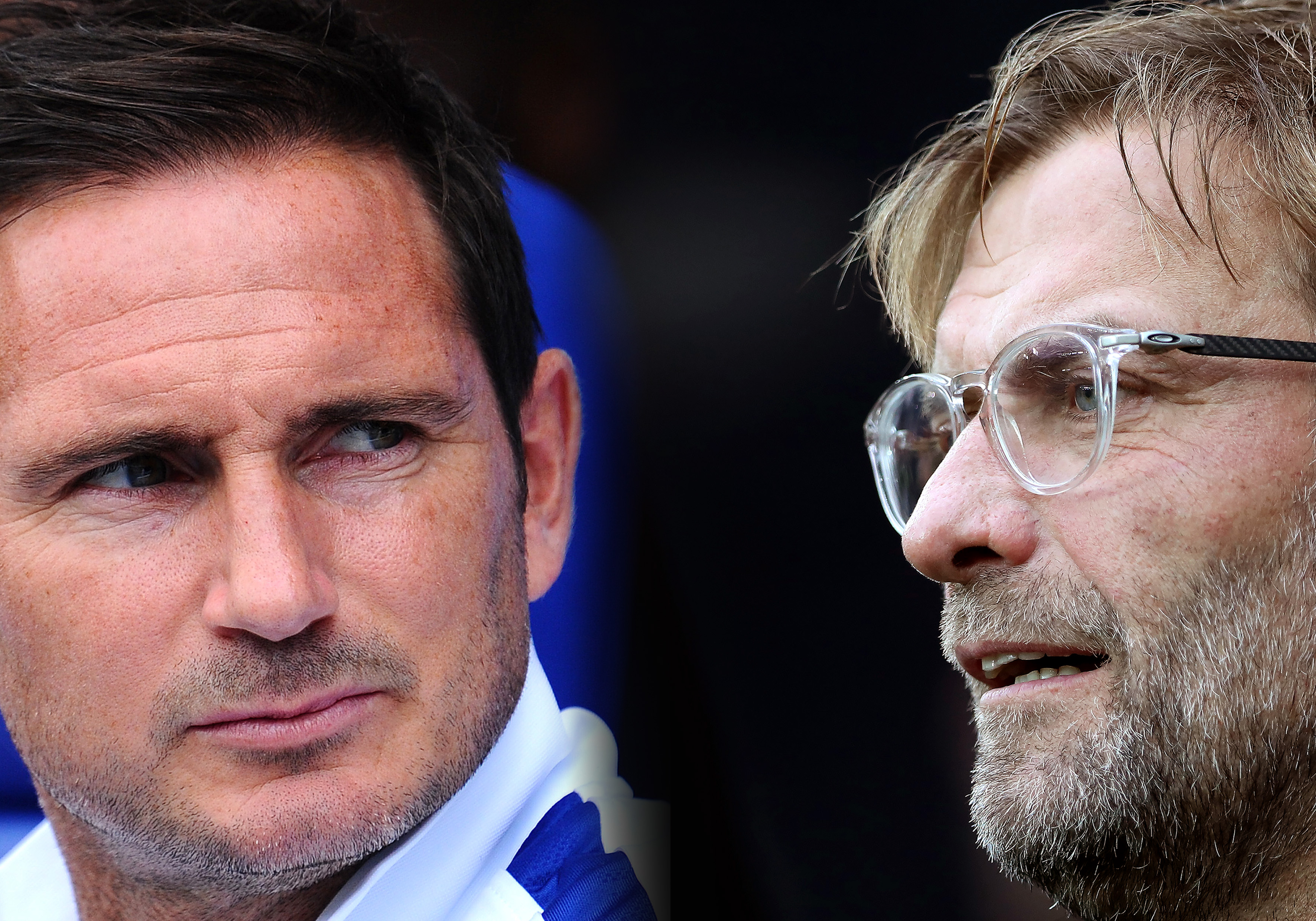 FILE PHOTO (EDITORS NOTE: COMPOSITE OF IMAGES - Image numbers 1164744790,856402376 - GRADIENT ADDED) In this composite image a comparison has been made between Frank Lampard, Manager of Chelsea (L) and Liverpool manager Jurgen Klopp. Chelsea FC and Liverpool FC meet in the Premier League on September 22, 2019 at Stamford Bridge in London,England.  ***LEFT IMAGE***  READING, ENGLAND - JULY 28: Frank Lampard, Manager of Chelsea looks on prior to the Pre-Season Friendly match between Reading and Chelsea at Madejski Stadium on July 28, 2019 in Reading, England. (Photo by Alex Burstow/Getty Images) ***RIGHT IMAGE***  NEWCASTLE UPON TYNE, ENGLAND - OCTOBER 01: Liverpool manager Jurgen Klopp looks on during the Premier League match between Newcastle United and Liverpool at St. James Park on October 1, 2017 in Newcastle upon Tyne, England. (Photo by Ian MacNicol/Getty Images)