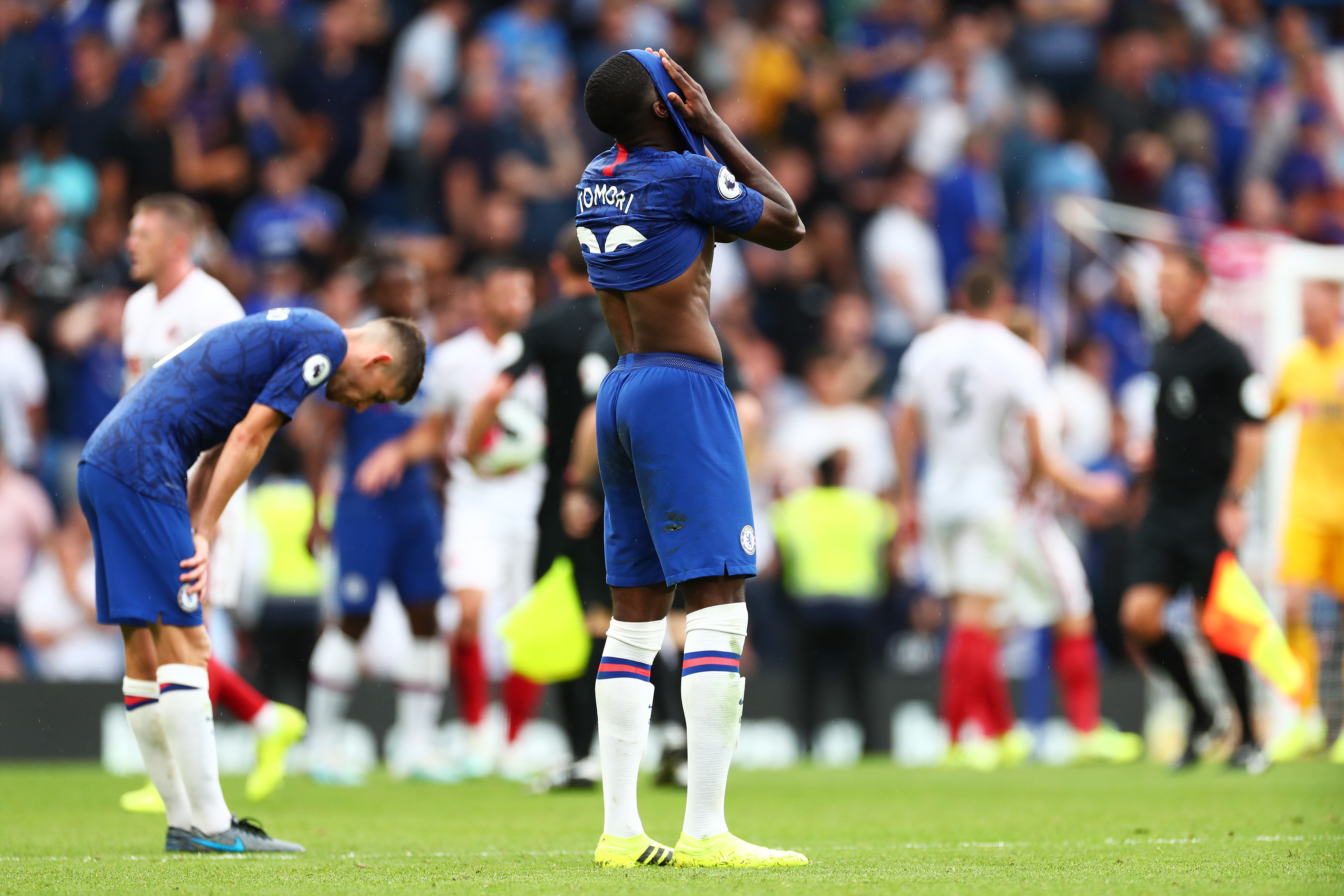 LONDON, ENGLAND - AUGUST 31: Fikayo Tomori of Chelsea reacts during the Premier League match between Chelsea FC and Sheffield United at Stamford Bridge on August 31, 2019 in London, United Kingdom. (Photo by Clive Rose/Getty Images)