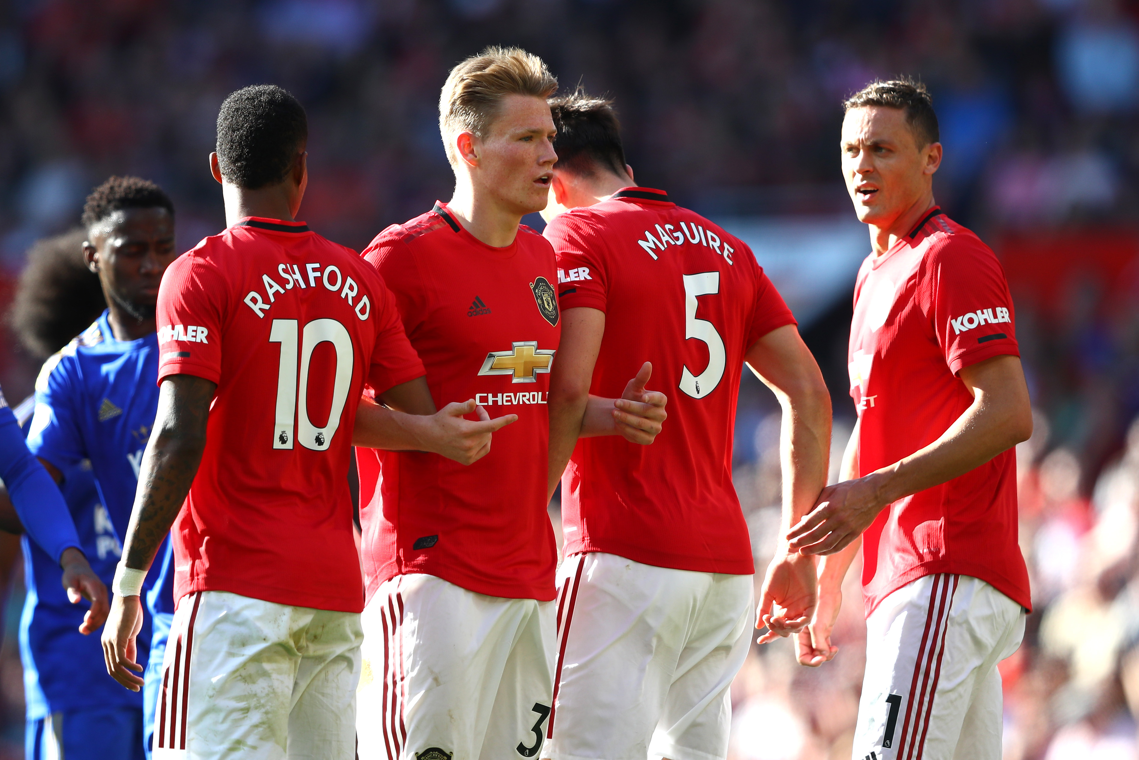 MANCHESTER, ENGLAND - SEPTEMBER 14: Manchester United players form a defensive wall during the Premier League match between Manchester United and Leicester City at Old Trafford on September 14, 2019 in Manchester, United Kingdom. (Photo by Mark Thompson/Getty Images)