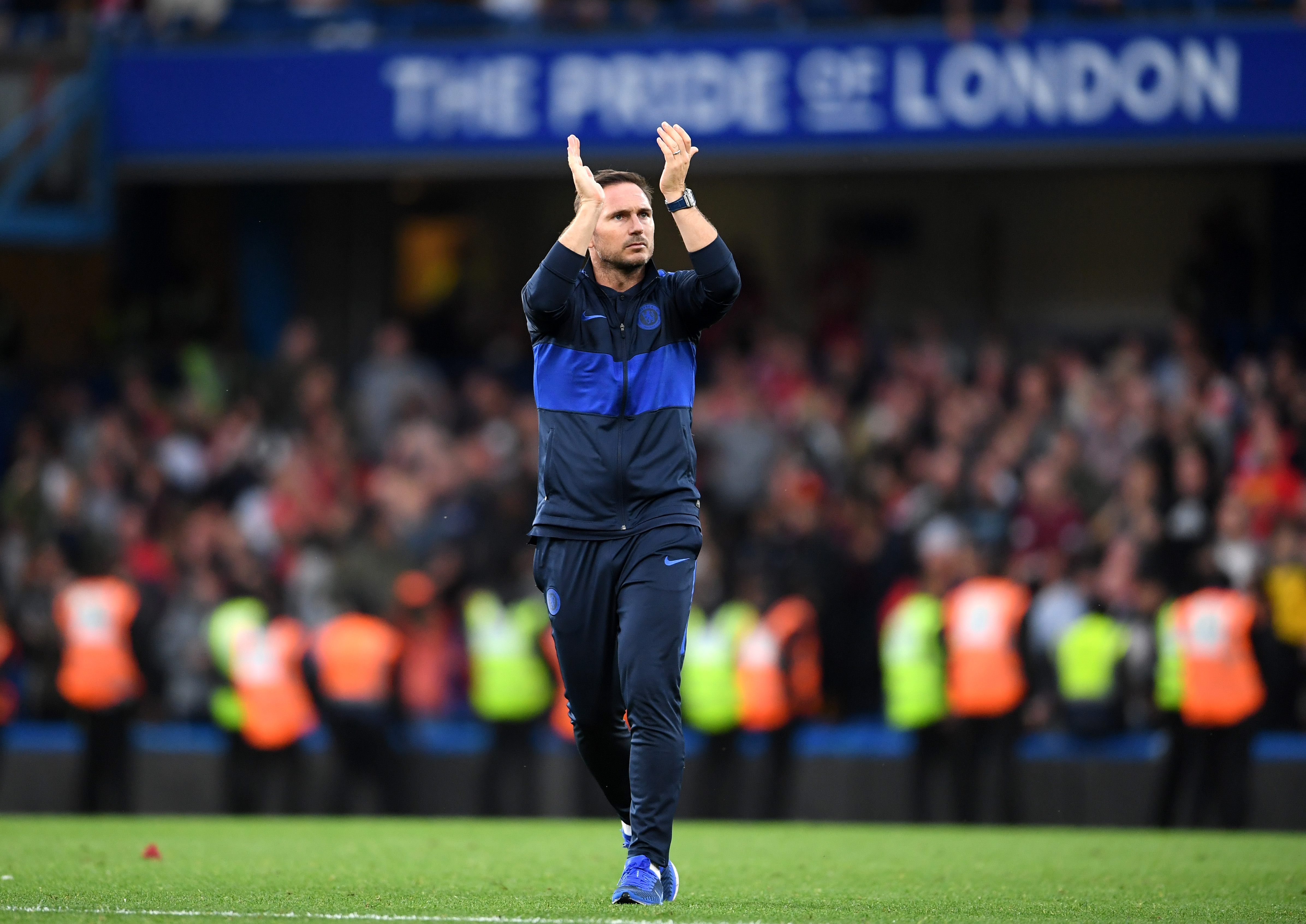 LONDON, ENGLAND - SEPTEMBER 22: Frank Lampard, Manager of Chelsea applauds fans after during the Premier League match between Chelsea FC and Liverpool FC at Stamford Bridge on September 22, 2019 in London, United Kingdom. (Photo by Laurence Griffiths/Getty Images)