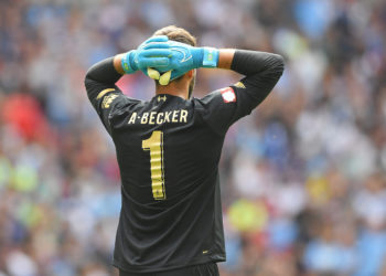 LONDON, ENGLAND - AUGUST 04: Alisson Becker of Liverpool reacts during the FA Community Shield match between Liverpool and Manchester City at Wembley Stadium on August 04, 2019 in London, England. (Photo by Michael Regan/Getty Images)