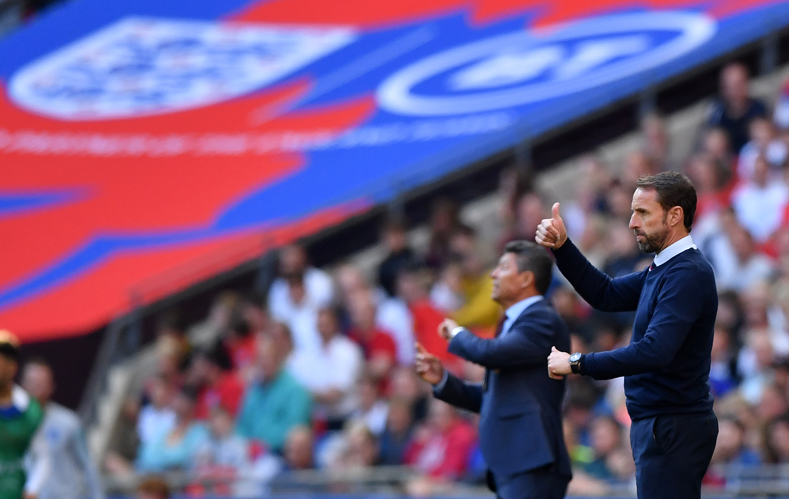 England's manager Gareth Southgate shouts instructions to his players from the touchline during the UEFA Euro 2020 qualifying first round Group A football match between England and Bulgaria at Wembley Stadium in London on September 7, 2019. (Photo by Ben STANSALL / AFP) / NOT FOR MARKETING OR ADVERTISING USE / RESTRICTED TO EDITORIAL USE        (Photo credit should read BEN STANSALL/AFP/Getty Images)