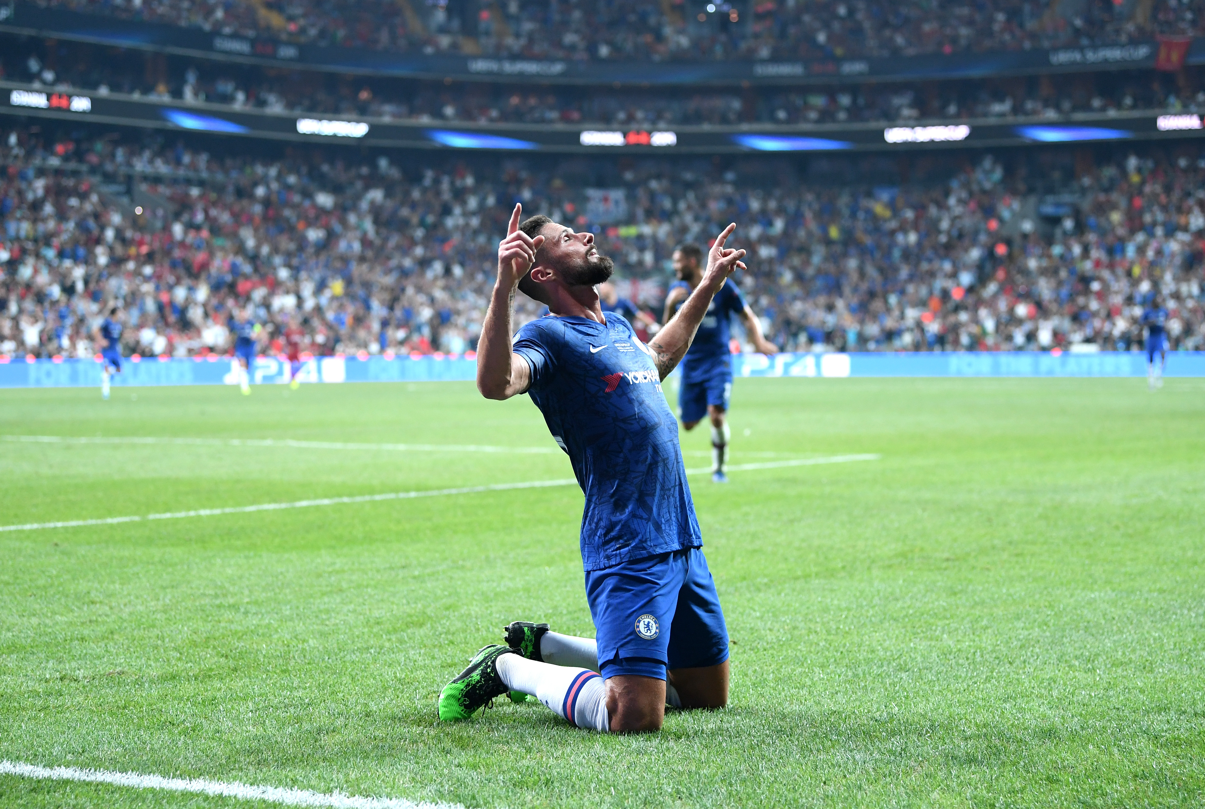 ISTANBUL, TURKEY - AUGUST 14: Olivier Giroud of Chelsea celebrates after scoring his team's first goal during the UEFA Super Cup match between Liverpool and Chelsea at Vodafone Park on August 14, 2019 in Istanbul, Turkey. (Photo by Michael Regan/Getty Images)