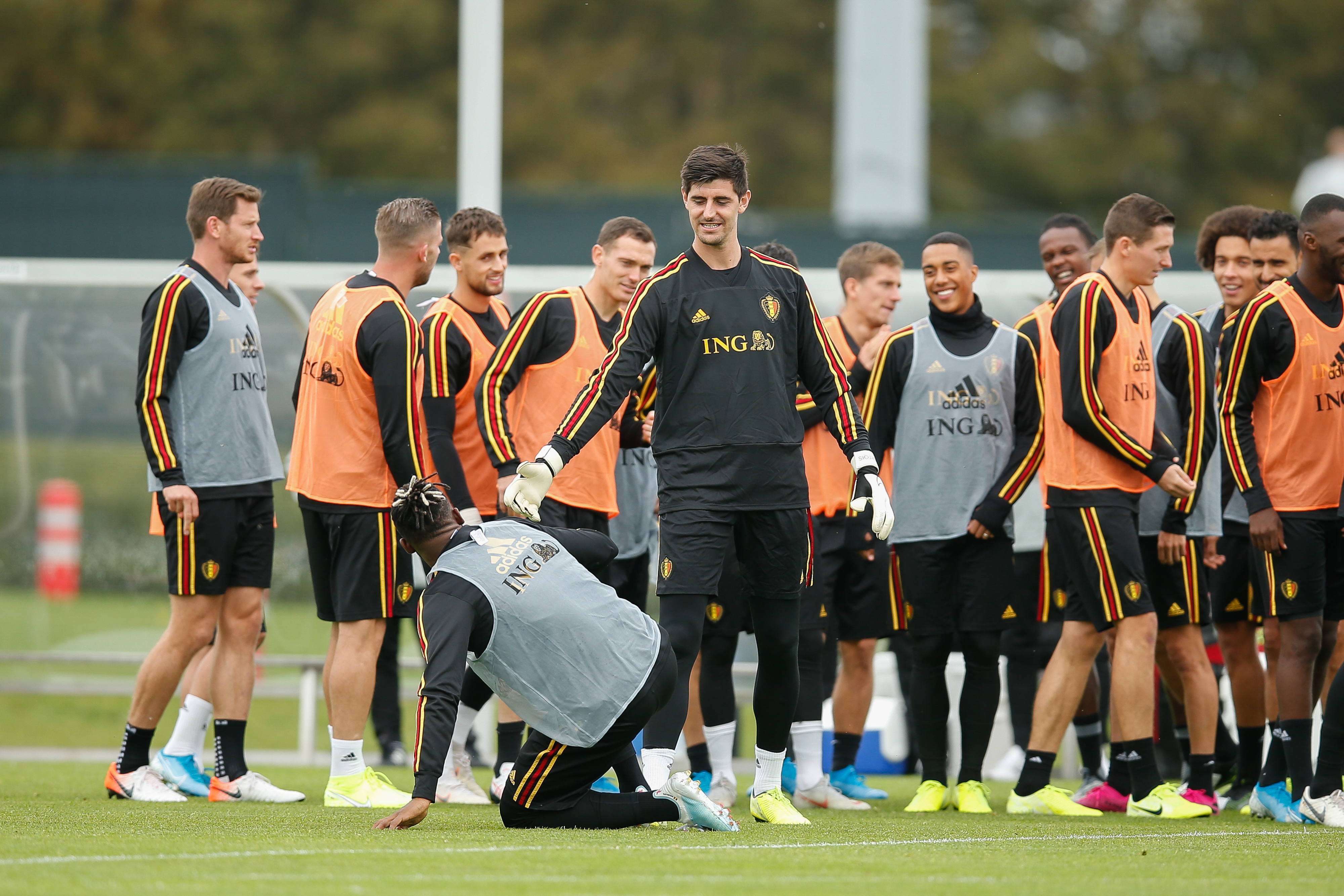 Belgium's Michy Batshuayi and Belgium's goalkeeper Thibaut Courtois pictured during a training of Belgian national soccer team Red Devils, Tuesday 08 October 2019 in Tubize. The team will be playing two European Cup 2020 qualification games against San Marino and Kazakhstan. BELGA PHOTO BRUNO FAHY (Photo by BRUNO FAHY/BELGA MAG/AFP via Getty Images)