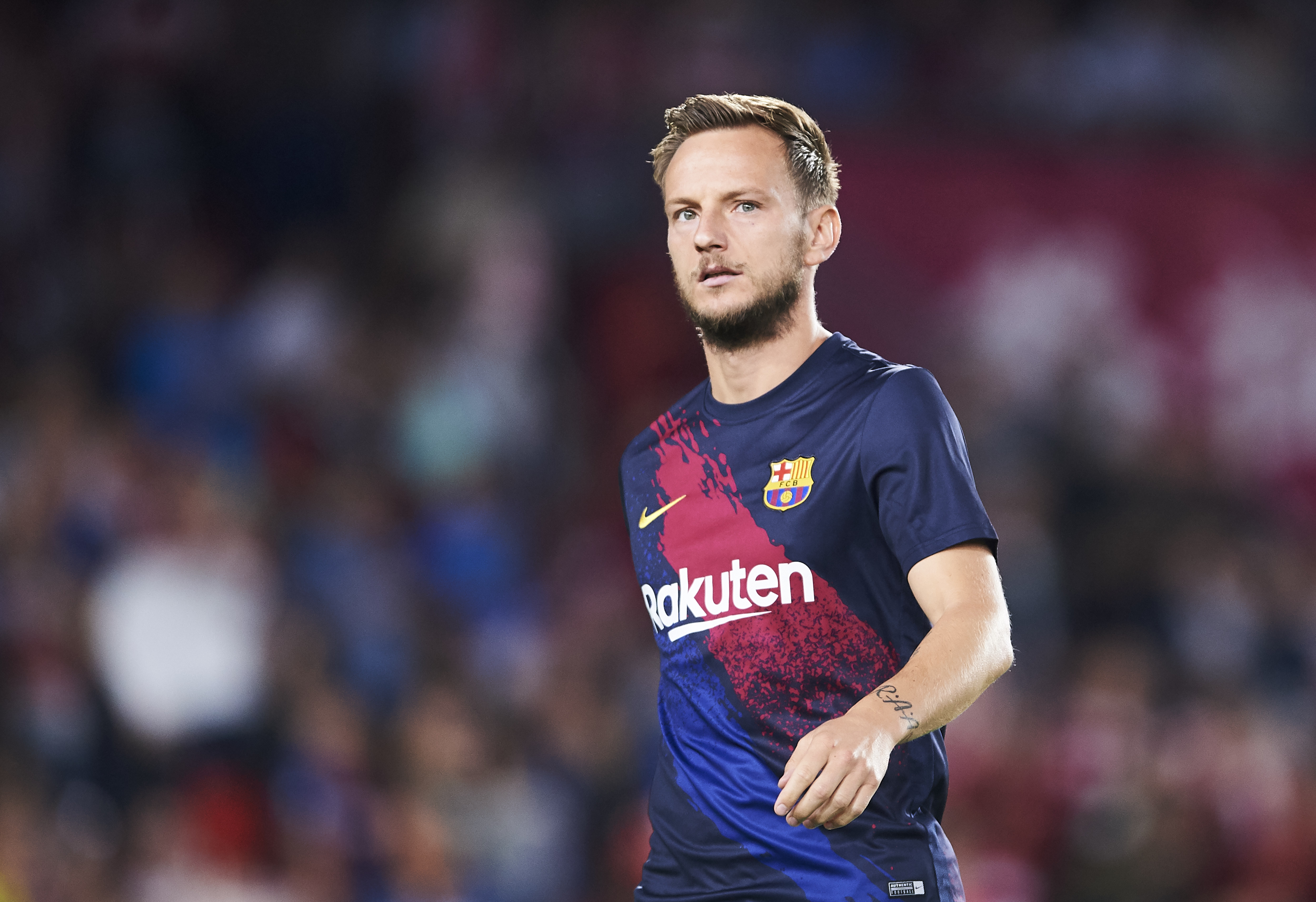 GRANADA, SPAIN - SEPTEMBER 21: Ivan Rakitic of FC Barcelona looks on during the warm up prior to the Liga match between Granada CF and FC Barcelona at Estadio Nuevo Los Carmenes on September 21, 2019 in Granada, Spain. (Photo by Aitor Alcalde/Getty Images)