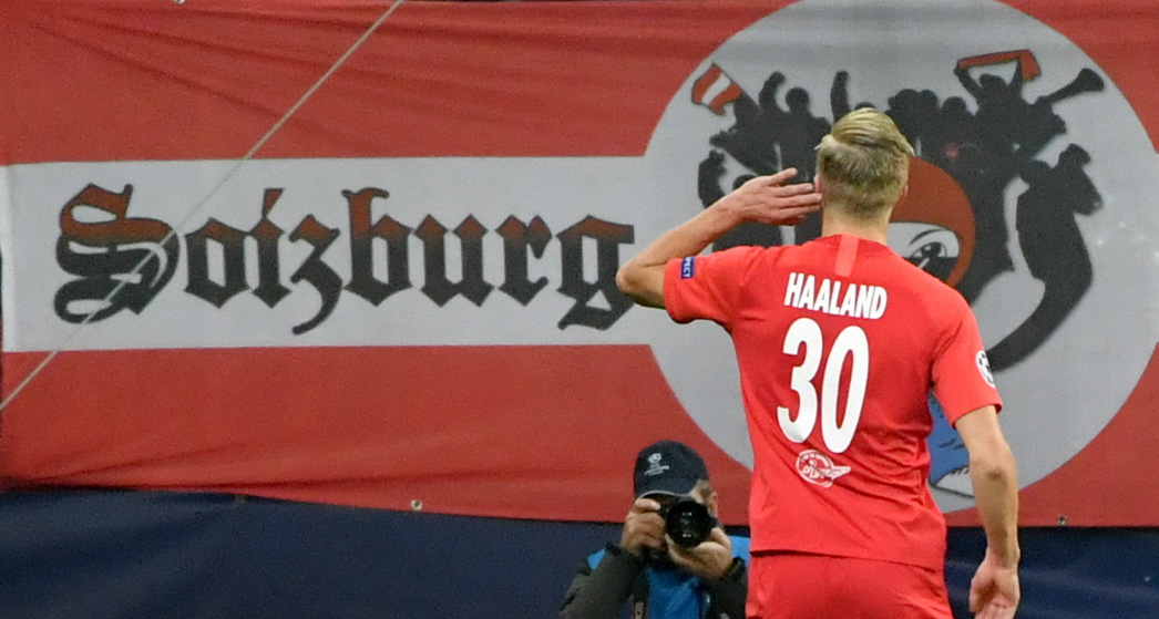 Salzburg's Norwegian forward Erling Braut Haland celebrates during the UEFA Champions League Group E football match FC Red Bull Salzburg v SSC Napoli on 23 October 2019 in Salzburg, Austria. (Photo by BARBARA GINDL / APA / AFP) / Austria OUT (Photo by BARBARA GINDL/APA/AFP via Getty Images)