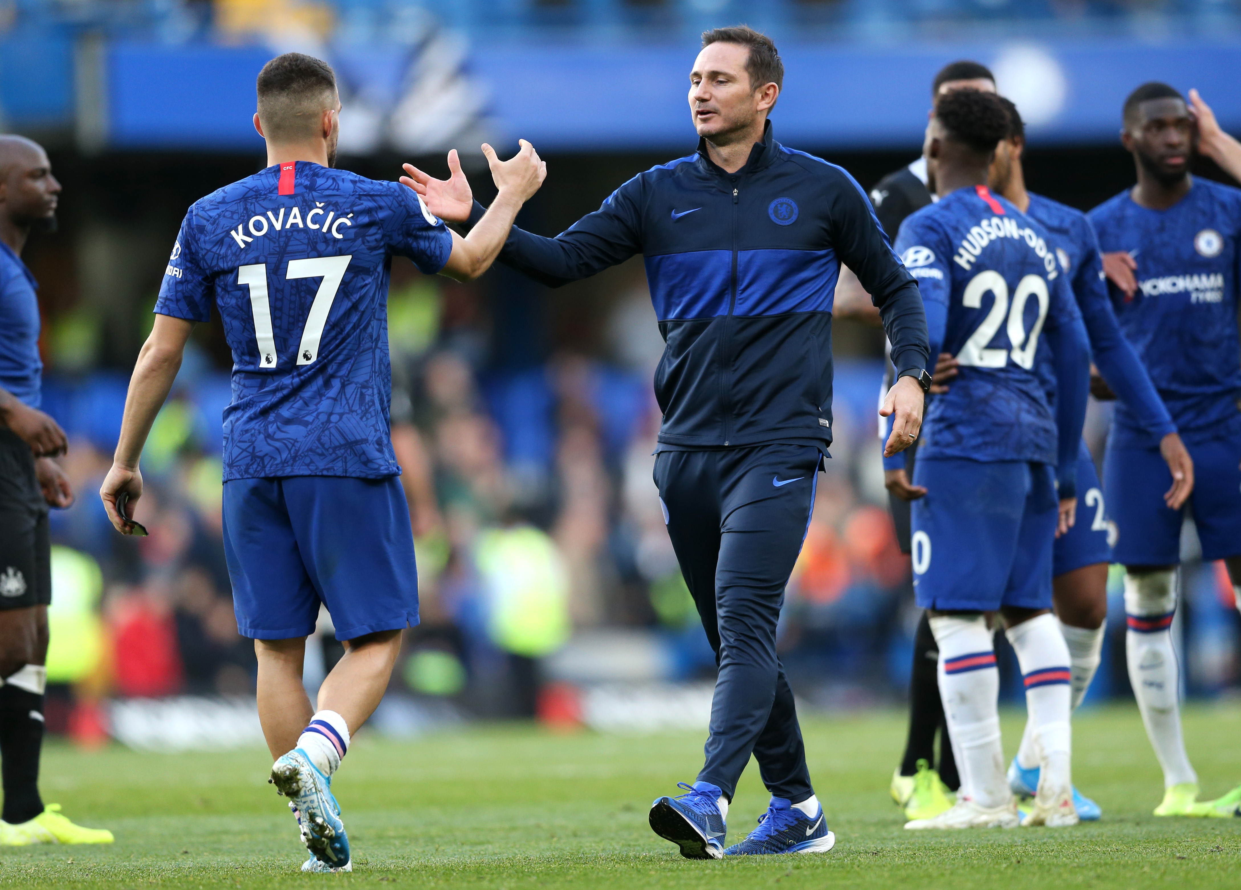 LONDON, ENGLAND - OCTOBER 19: Frank Lampard, Manager of Chelsea celebrates victory with Mateo Kovacic of Chelsea following the Premier League match between Chelsea FC and Newcastle United at Stamford Bridge on October 19, 2019 in London, United Kingdom. (Photo by Paul Harding/Getty Images)