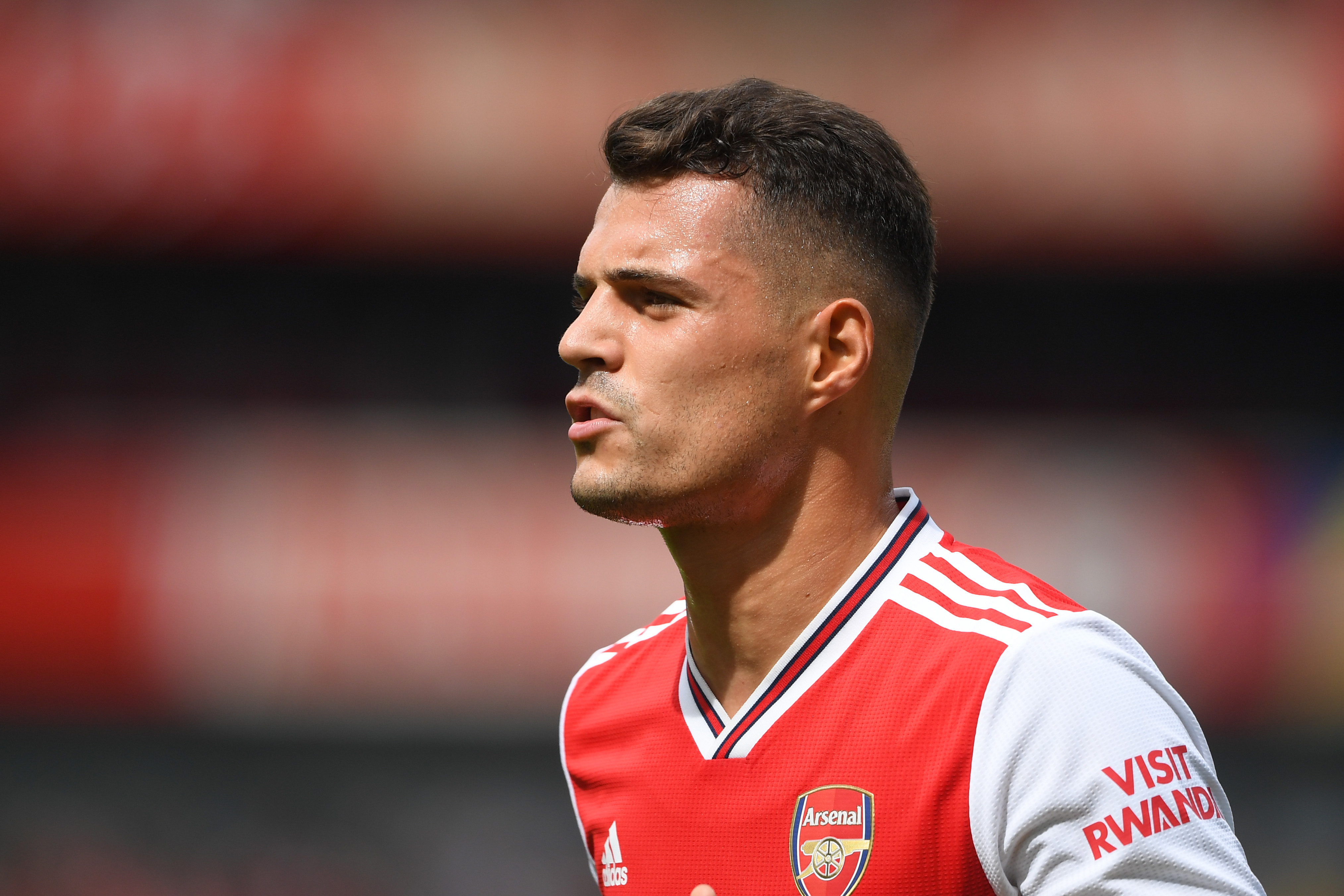 LONDON, ENGLAND - JULY 28: Granit Xhaka of Arsenal in action during the Emirates Cup match between Arsenal and Olympique Lyonnais at the Emirates Stadium on July 28, 2019 in London, England. (Photo by Michael Regan/Getty Images)