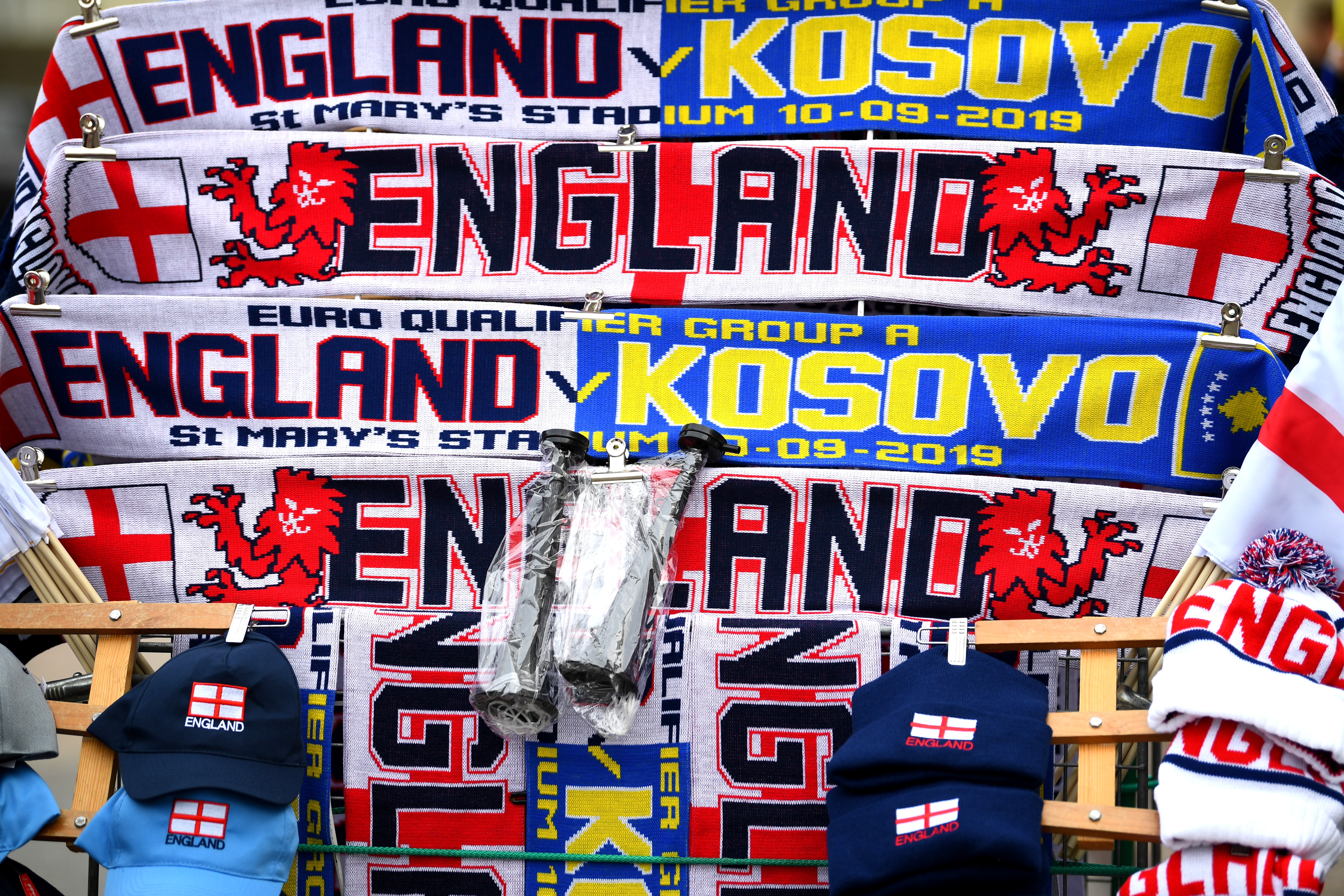 SOUTHAMPTON, ENGLAND - SEPTEMBER 10: A detailed view of a half-and-half scarf outside the ground ahead of the UEFA Euro 2020 qualifier match between England and Kosovo at St. Mary's Stadium on September 10, 2019 in Southampton, England. (Photo by Clive Mason/Getty Images)