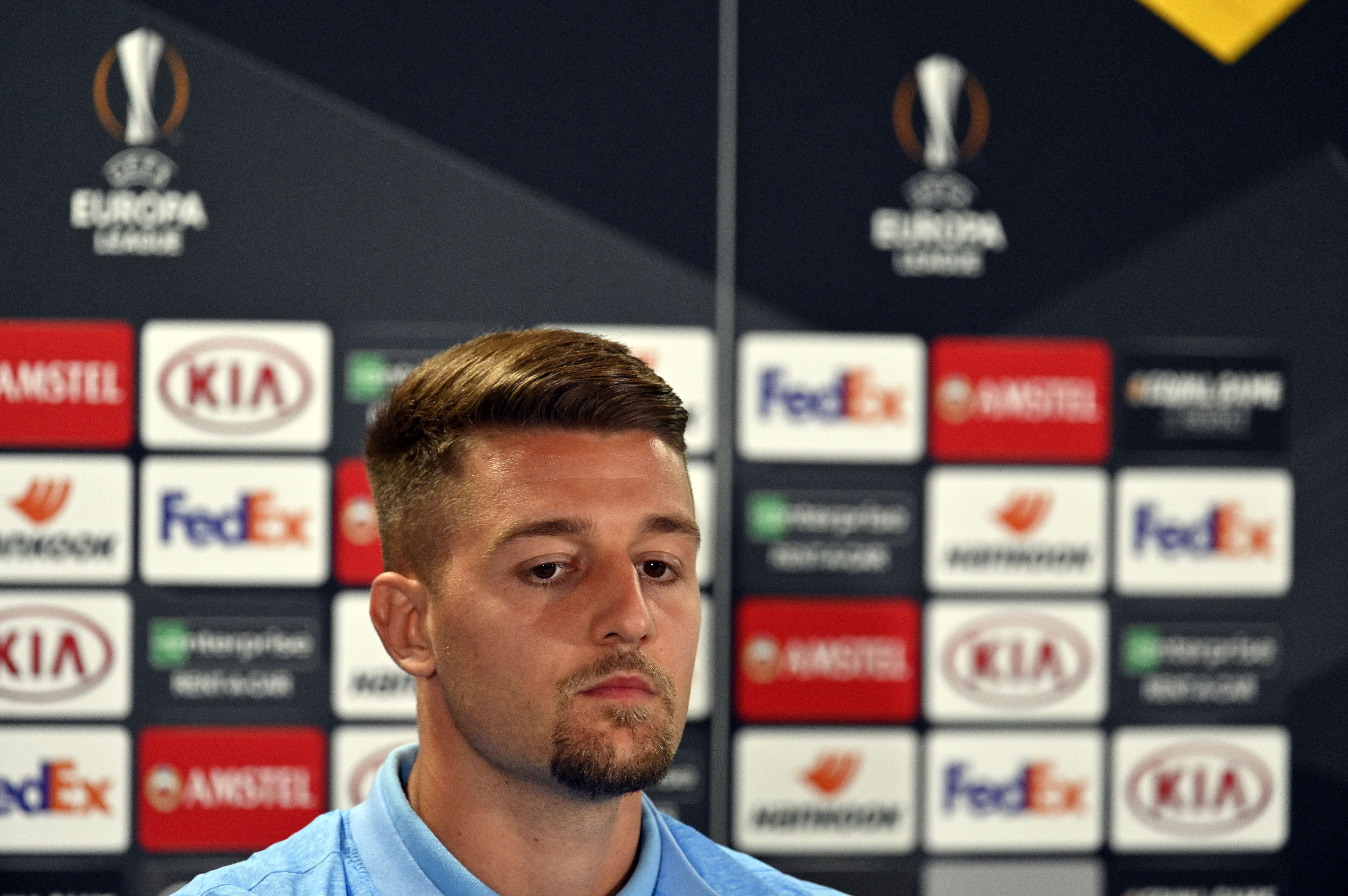 GLASGOW, SCOTLAND - OCTOBER 23:  Sergej Milinkovic Savic of SS Lazio during the SS Lazio press conference at the Celtic Park stadium on October 23, 2019 in Glasgow, Scotland.  (Photo by Marco Rosi/Getty Images)