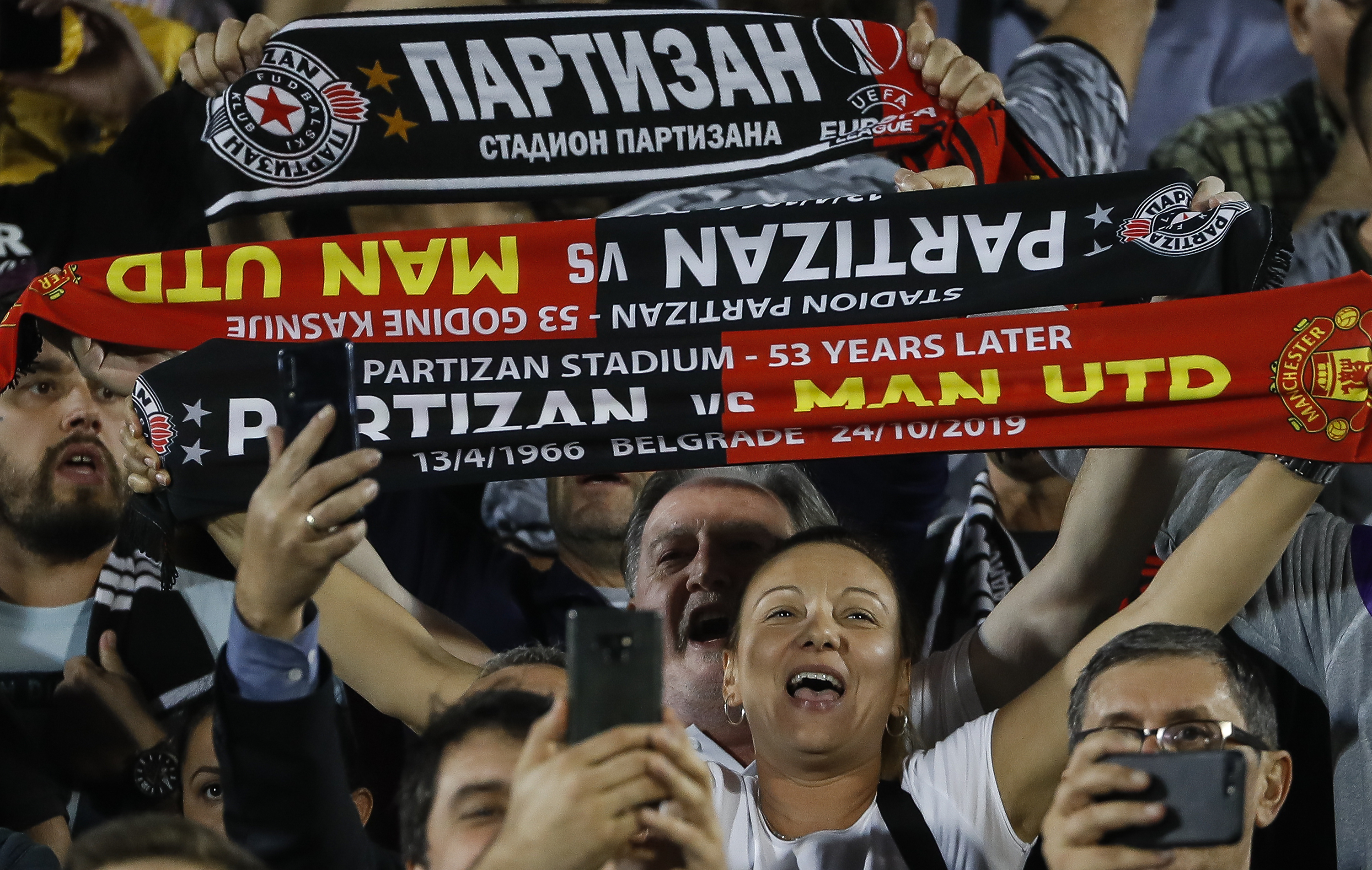 BELGRADE, SERBIA - OCTOBER 24: FK Partizan fans give their support prior the UEFA Europa League group L match between Partizan and Manchester United at Partizan Stadium on October 24, 2019 in Belgrade, Serbia. (Photo by Srdjan Stevanovic/Getty Images)