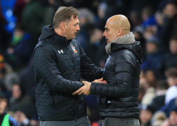 Manchester City's Spanish manager Pep Guardiola (R) talks with Southampton's Austrian manager Ralph Hasenhuttl after the English League Cup fourth round football match between Manchester City and Southampton at the Etihad Stadium in Manchester, north west England, on October 29, 2019. - Manchester City won the match 3-1. (Photo by Lindsey Parnaby / AFP) / RESTRICTED TO EDITORIAL USE. No use with unauthorized audio, video, data, fixture lists, club/league logos or 'live' services. Online in-match use limited to 75 images, no video emulation. No use in betting, games or single club/league/player publications. /  (Photo by LINDSEY PARNABY/AFP via Getty Images)
