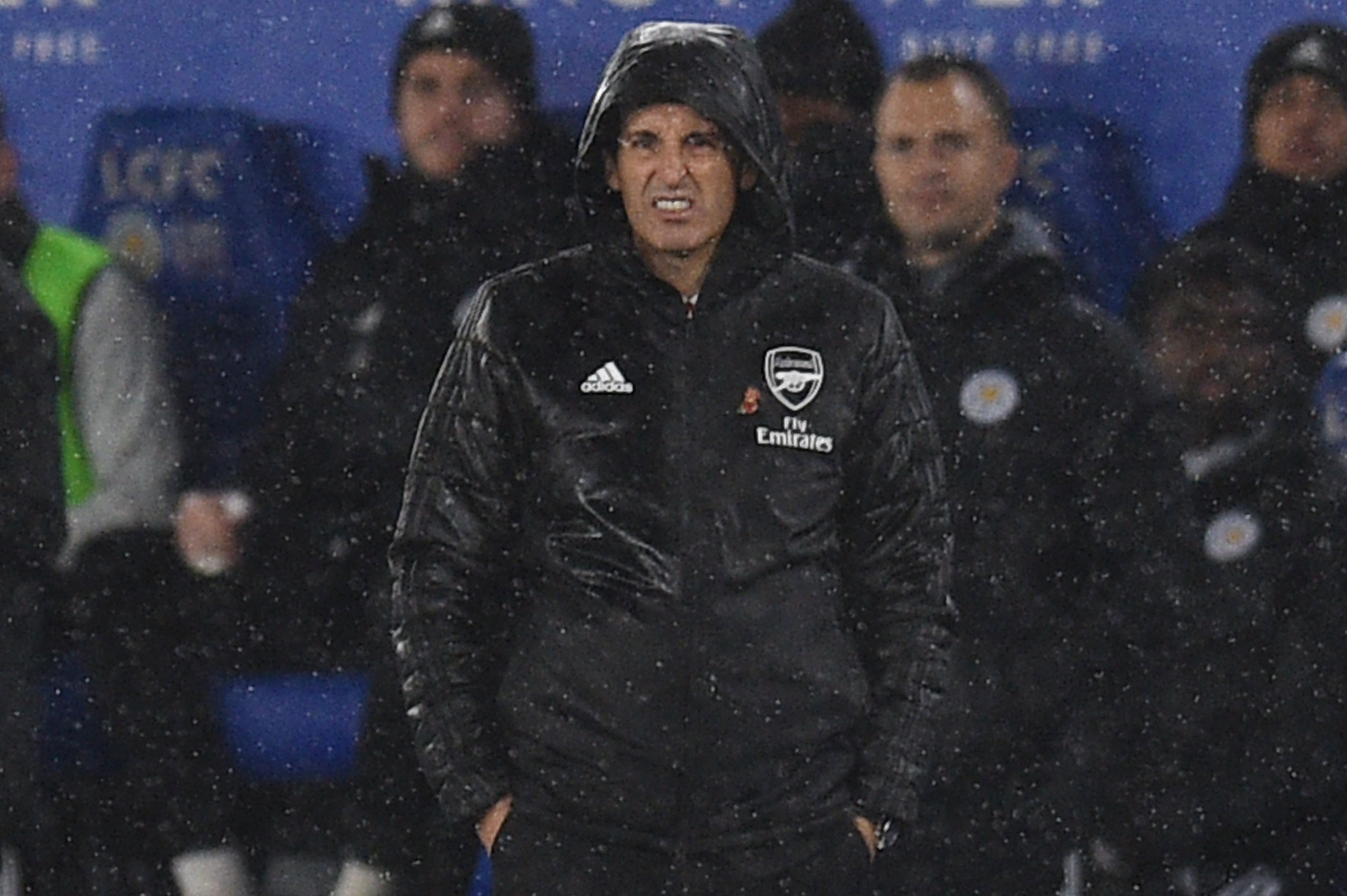 Arsenal's Spanish head coach Unai Emery looks on the from touchline during the English Premier League football match between Leicester City and Arsenal at King Power Stadium in Leicester, central England on November 9, 2019. (Photo by Oli SCARFF / AFP) / RESTRICTED TO EDITORIAL USE. No use with unauthorized audio, video, data, fixture lists, club/league logos or 'live' services. Online in-match use limited to 120 images. An additional 40 images may be used in extra time. No video emulation. Social media in-match use limited to 120 images. An additional 40 images may be used in extra time. No use in betting publications, games or single club/league/player publications. /  (Photo by OLI SCARFF/AFP via Getty Images)