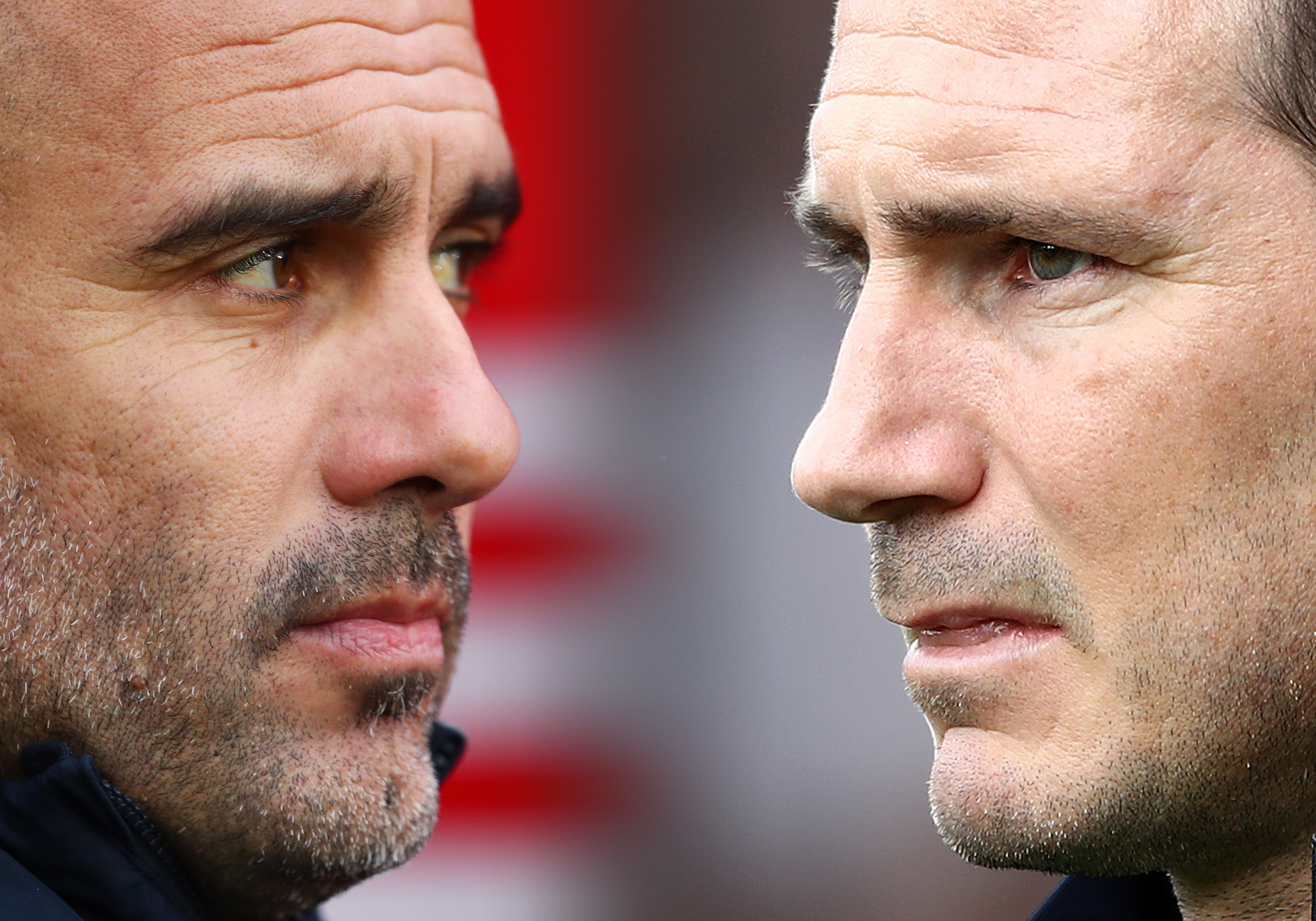 FILE PHOTO (EDITORS NOTE: COMPOSITE OF IMAGES - Image numbers 1089388290,1179353482 - GRADIENT ADDED) In this composite image a comparison has been made between Pep Guardiola, manager of Manchester City and Frank Lampard, Manager of Chelsea. Manchester City and Chelsea FC meet in a Premier League   fixture on November 23,2019 at the Etihad Stadium in Manchester,England. ***LEFT IMAGE*** SOUTHAMPTON, ENGLAND - DECEMBER 30: Pep Guardiola, manager of Manchester City looks on before the Premier League match between Southampton FC and Manchester City at St Mary's Stadium on December 30, 2018 in Southampton, United Kingdom. (Photo by Dan Istitene/Getty Images) ***RIGHT IMAGE*** SOUTHAMPTON, ENGLAND - OCTOBER 06: Frank Lampard, Manager of Chelsea looks on prior to the Premier League match between Southampton FC and Chelsea FC at St Mary's Stadium on October 06, 2019 in Southampton, United Kingdom. (Photo by Bryn Lennon/Getty Images)