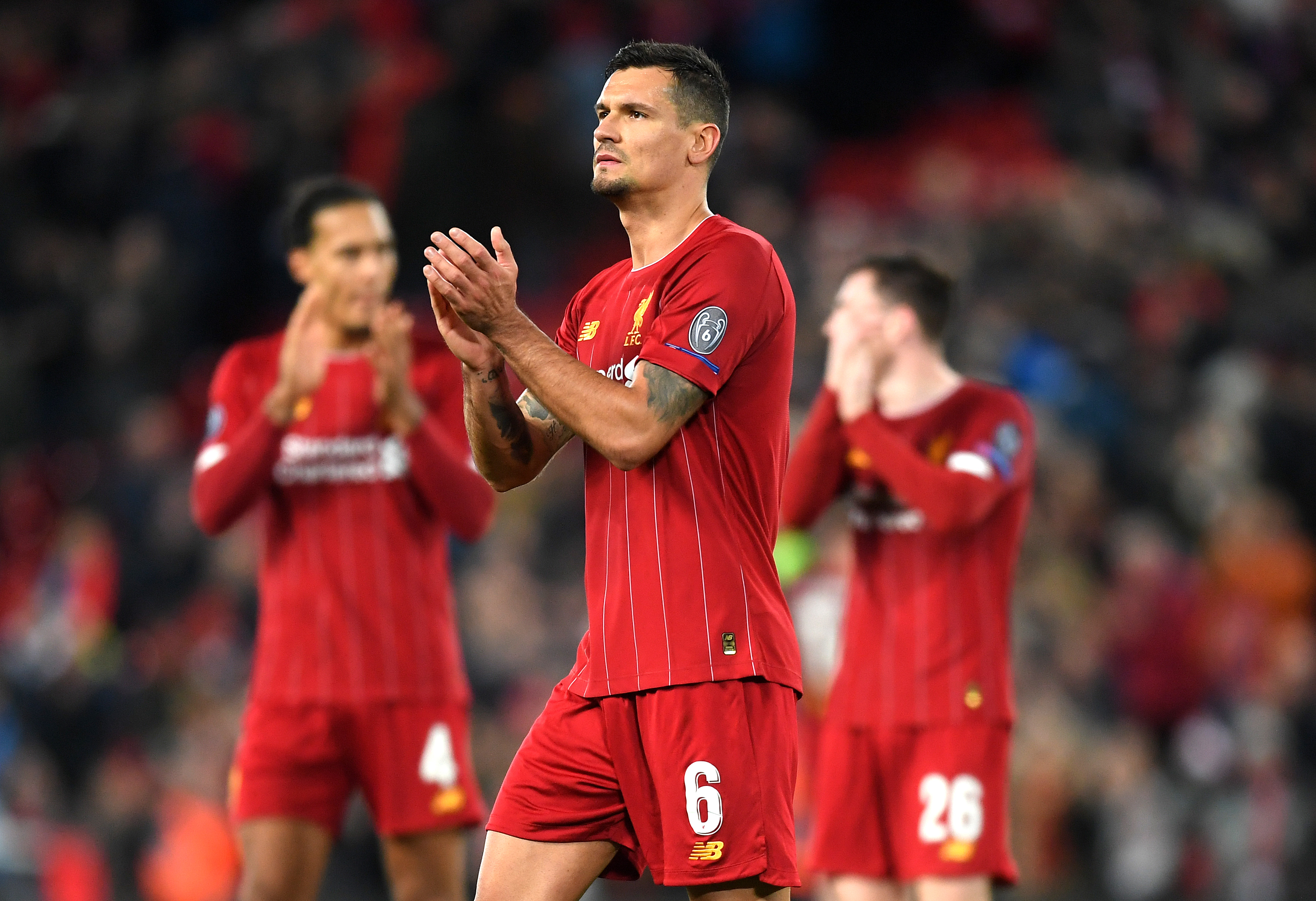 LIVERPOOL, ENGLAND - NOVEMBER 27: Dejan Lovren of Liverpool acknowledges the fans following the UEFA Champions League group E match between Liverpool FC and SSC Napoli at Anfield on November 27, 2019 in Liverpool, United Kingdom. (Photo by Michael Regan/Getty Images)