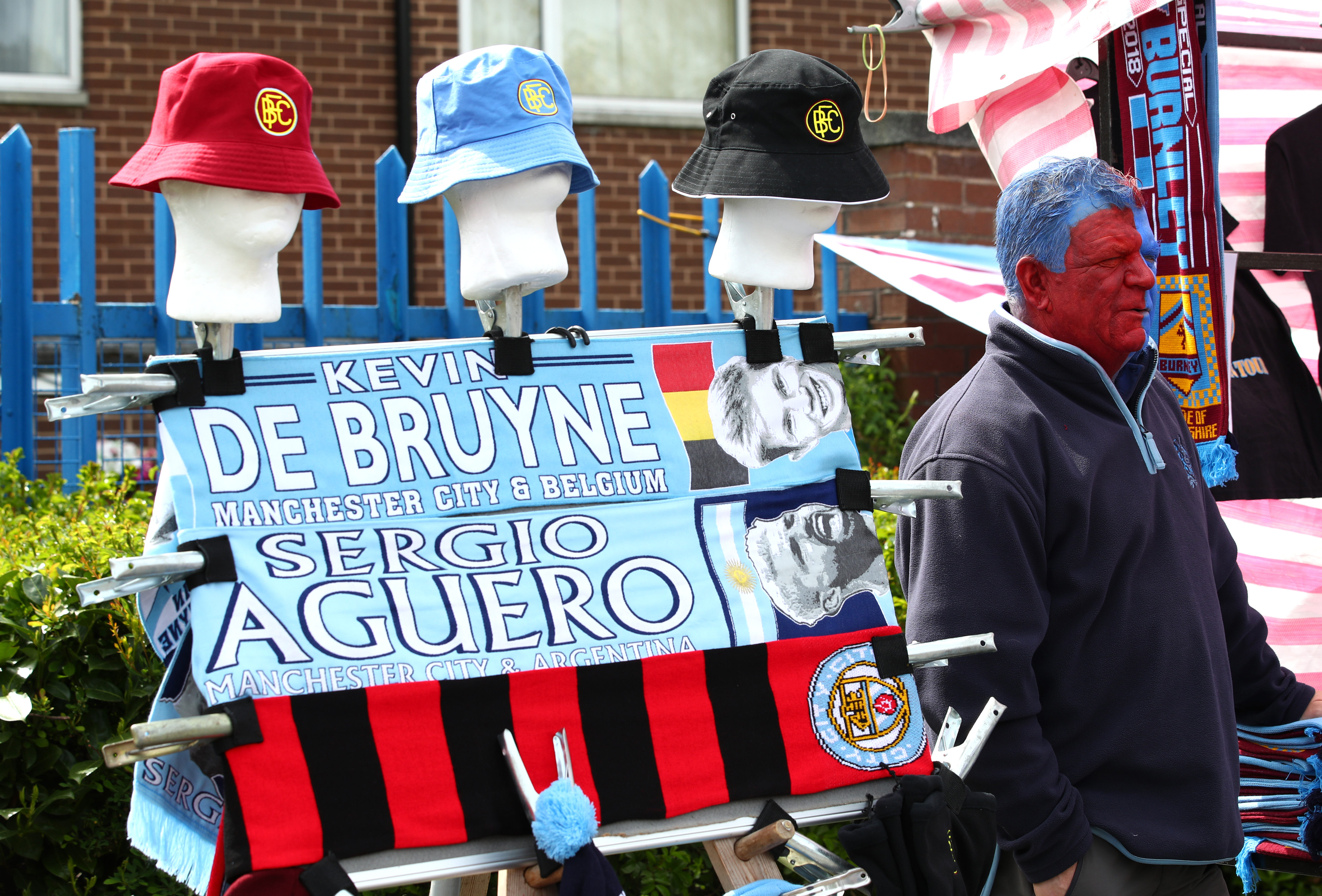 BURNLEY, ENGLAND - APRIL 28: Merchandise is sold outside the stadium ahead of the Premier League match between Burnley FC and Manchester City at Turf Moor on April 28, 2019 in Burnley, United Kingdom. (Photo by Clive Brunskill/Getty Images)