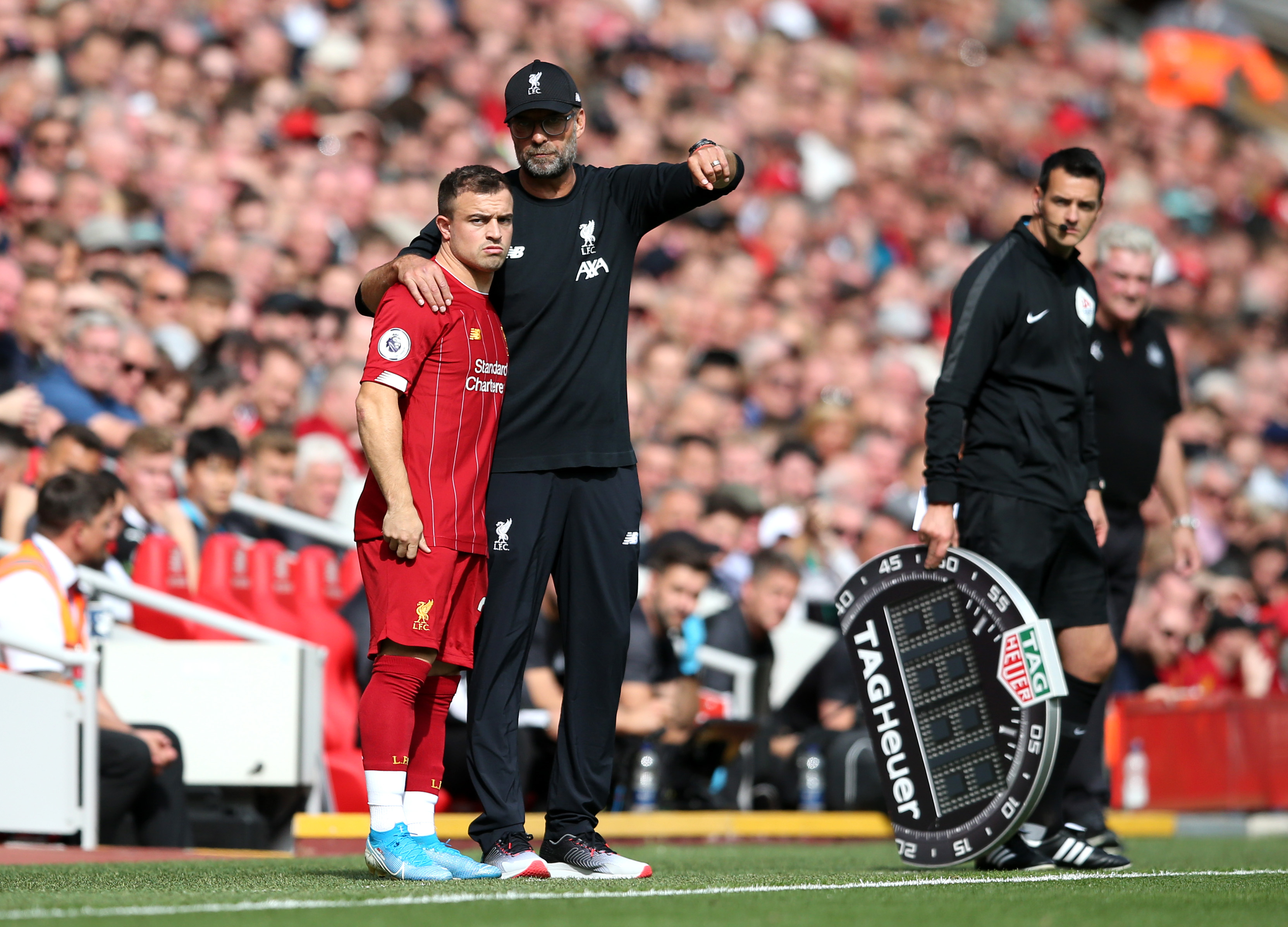 LIVERPOOL, ENGLAND - SEPTEMBER 14: Jurgen Klopp, Manager of Liverpool gives Xherdan Shaqiri of Liverpool instructions during the Premier League match between Liverpool FC and Newcastle United at Anfield on September 14, 2019 in Liverpool, United Kingdom. (Photo by Jan Kruger/Getty Images)