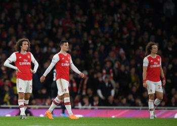 Arsenal's French midfielder Matteo Guendouzi (L), Arsenal's Swiss midfielder Granit Xhaka (C) and Arsenal's Brazilian defender David Luiz (R) react after conceding their second goal during the English Premier League football match between Arsenal and Crystal Palace at the Emirates Stadium in London on October 27, 2019. (Photo by DANIEL LEAL-OLIVAS / AFP) / RESTRICTED TO EDITORIAL USE. No use with unauthorized audio, video, data, fixture lists, club/league logos or 'live' services. Online in-match use limited to 120 images. An additional 40 images may be used in extra time. No video emulation. Social media in-match use limited to 120 images. An additional 40 images may be used in extra time. No use in betting publications, games or single club/league/player publications. /  (Photo by DANIEL LEAL-OLIVAS/AFP via Getty Images)