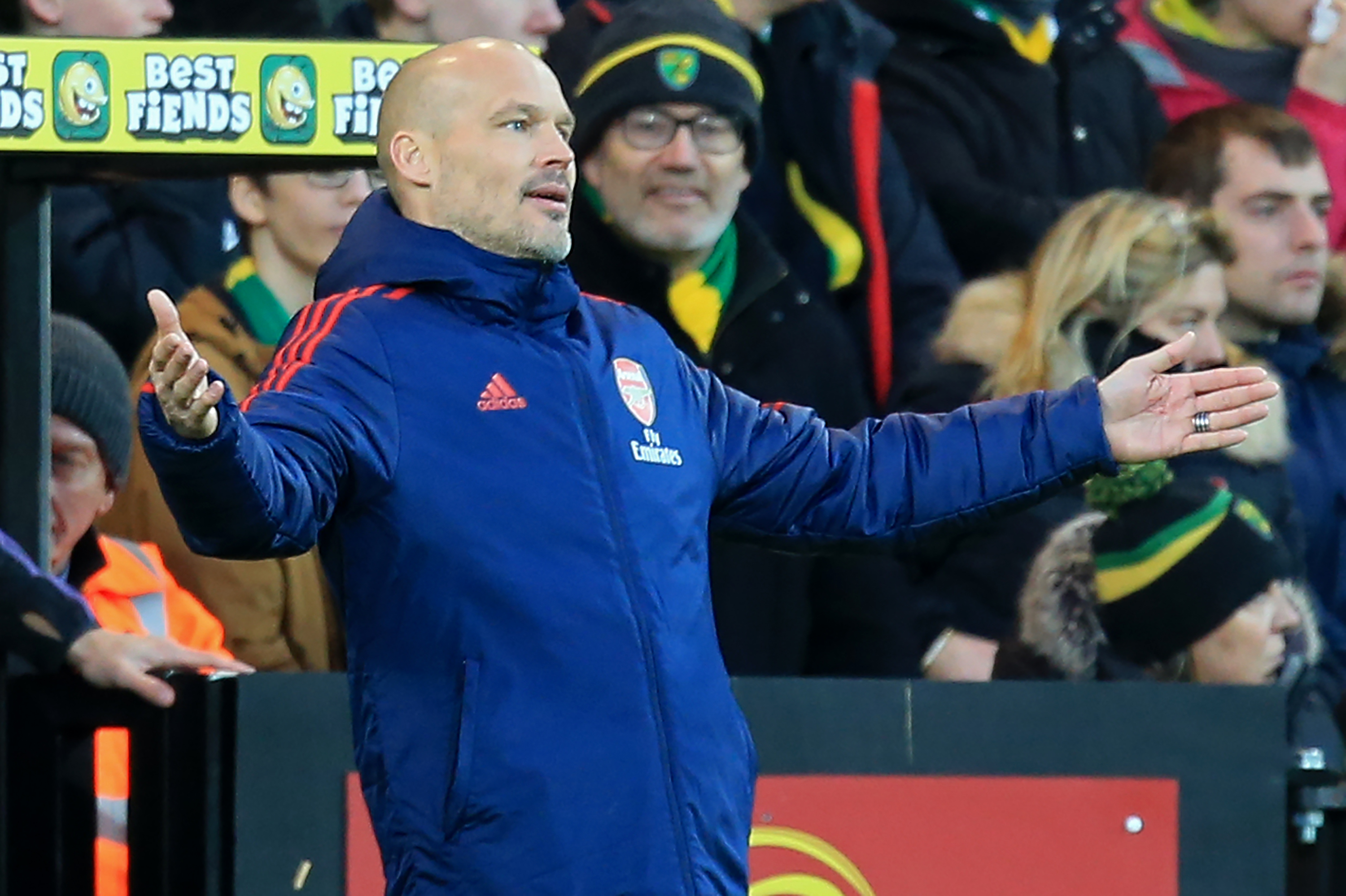 Arsenal's Swedish Interim head coach Freddie Ljungberg gestures on the touchline during the English Premier League football match between Norwich City and Arsenal at Carrow Road in Norwich, eastern England on December 1, 2019. (Photo by Lindsey Parnaby / AFP) / RESTRICTED TO EDITORIAL USE. No use with unauthorized audio, video, data, fixture lists, club/league logos or 'live' services. Online in-match use limited to 120 images. An additional 40 images may be used in extra time. No video emulation. Social media in-match use limited to 120 images. An additional 40 images may be used in extra time. No use in betting publications, games or single club/league/player publications. /  (Photo by LINDSEY PARNABY/AFP via Getty Images)