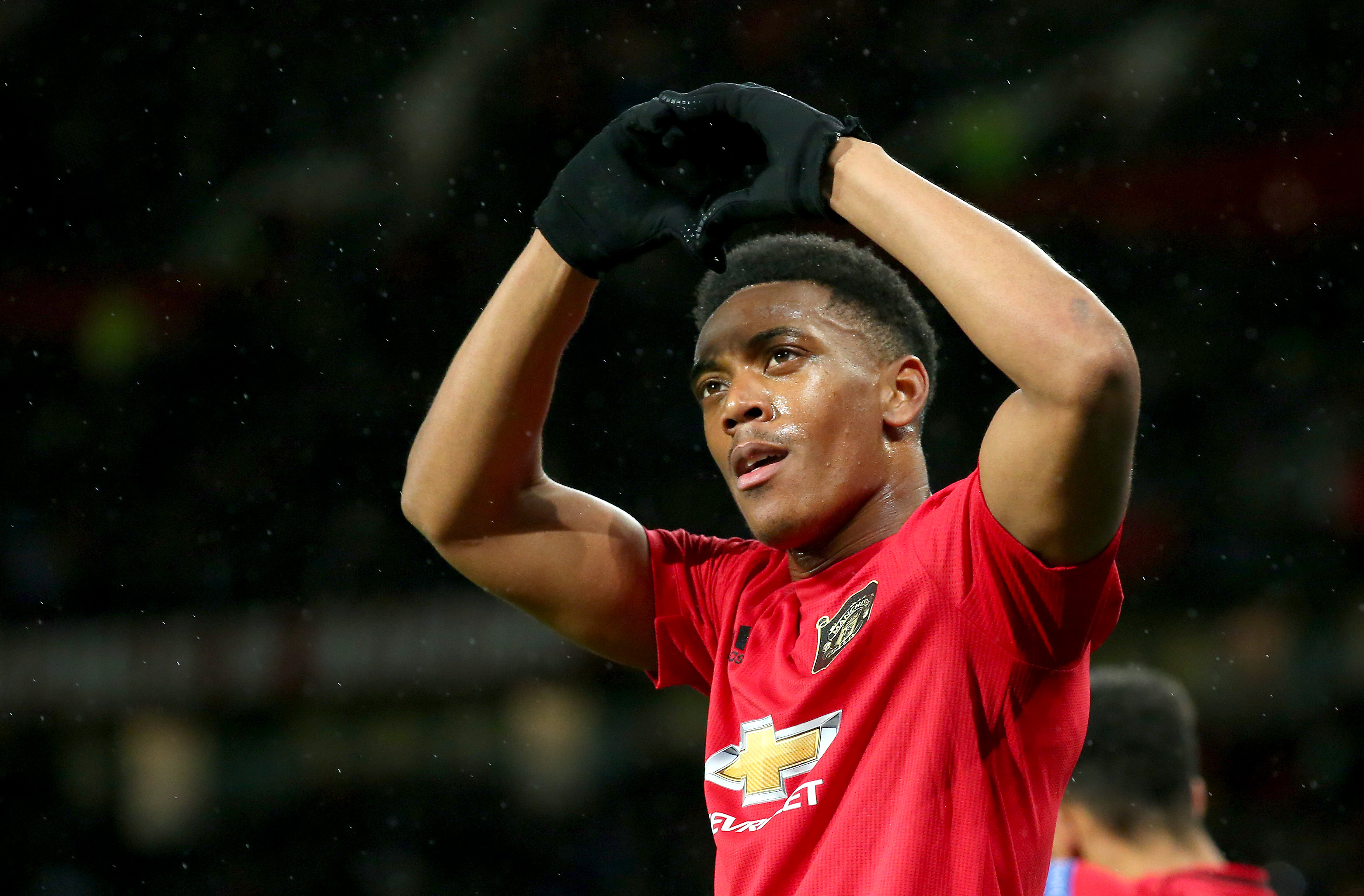 MANCHESTER, ENGLAND - NOVEMBER 07: Anthony Martial of Manchester United celebrates after scoring his team's second goal  during the UEFA Europa League group L match between Manchester United and Partizan at Old Trafford on November 07, 2019 in Manchester, United Kingdom. (Photo by Alex Livesey/Getty Images)