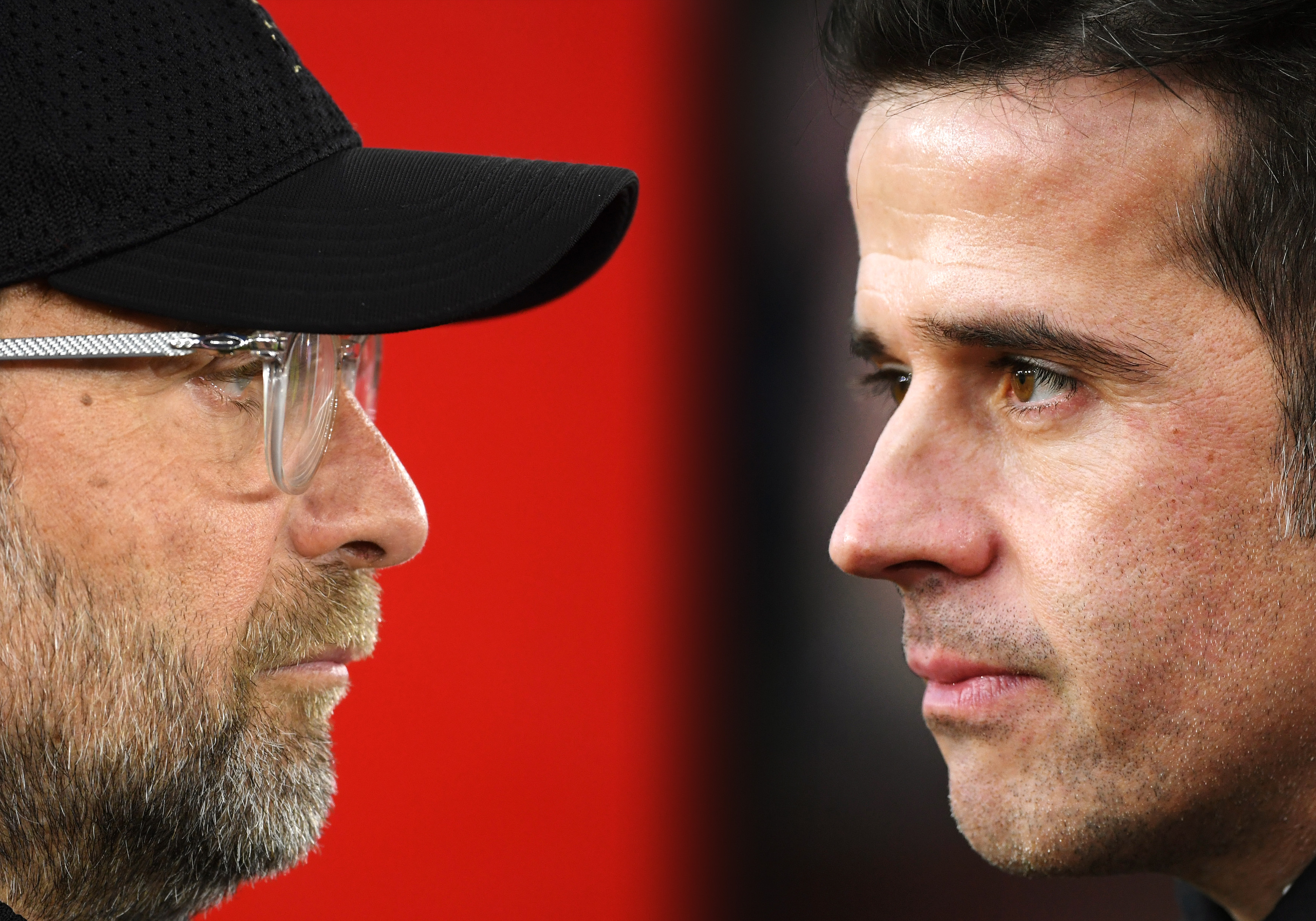FILE PHOTO (EDITORS NOTE: COMPOSITE OF IMAGES - Image numbers 1140640499,1075101536 - GRADIENT ADDED) In this composite image a comparison has been made between Jurgen Klopp, Manager of Liverpool (L) and Everton manager Marco Silva. Liverpool and Everton will meet in the Merseyside Derby on December 4,2019 in Liverpool,England.  ***LEFT IMAGE*** SOUTHAMPTON, ENGLAND - APRIL 05: Jurgen Klopp, Manager of Liverpool looks on prior to the Premier League match between Southampton FC and Liverpool FC at St Mary's Stadium on April 05, 2019 in Southampton, United Kingdom. (Photo by Mike Hewitt/Getty Images) ***RIGHT IMAGE*** BURNLEY, ENGLAND - DECEMBER 26: Everton manager Marco Silva looks on from the touchline during the Premier League match between Burnley FC and Everton FC at Turf Moor on December 26, 2018 in Burnley, United Kingdom. (Photo by Stu Forster/Getty Images)