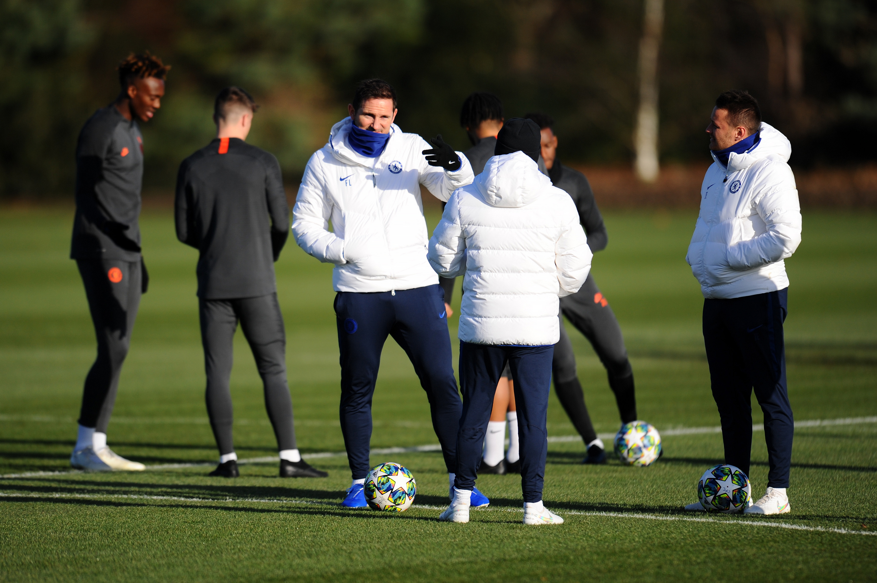COBHAM, ENGLAND - DECEMBER 09: Frank Lampard, Manager of Chelsea speaks to one of his backroom staff during a training session ahead of their UEFA Champions League Group H match against Lille OSC at Chelsea Training Ground on December 09, 2019 in Cobham, England. (Photo by Alex Burstow/Getty Images)