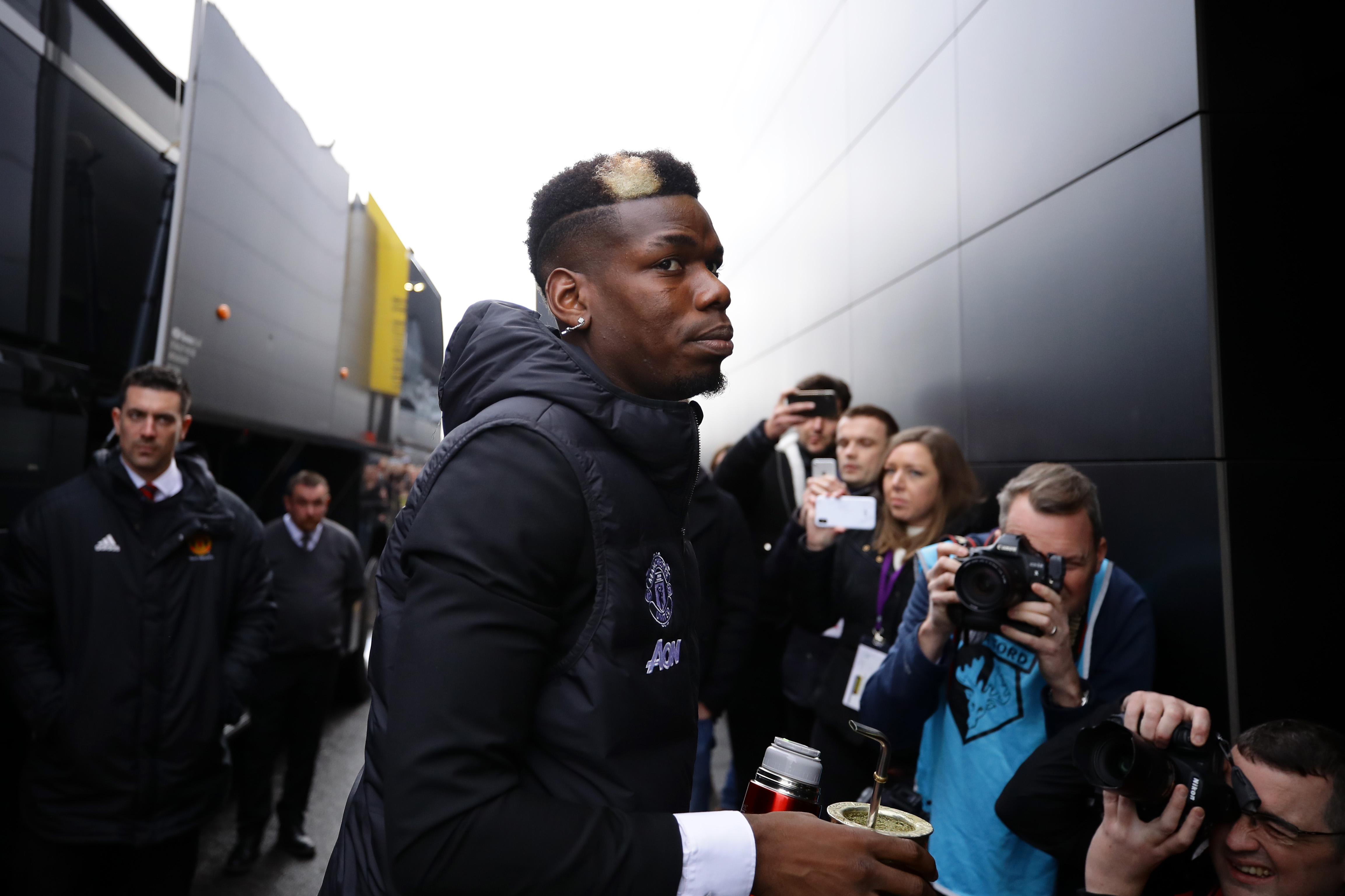 WATFORD, ENGLAND - DECEMBER 22: Paul Pogba of Manchester United arrives at the stadium prior to the Premier League match between Watford FC and Manchester United at Vicarage Road on December 22, 2019 in Watford, United Kingdom. (Photo by Richard Heathcote/Getty Images)