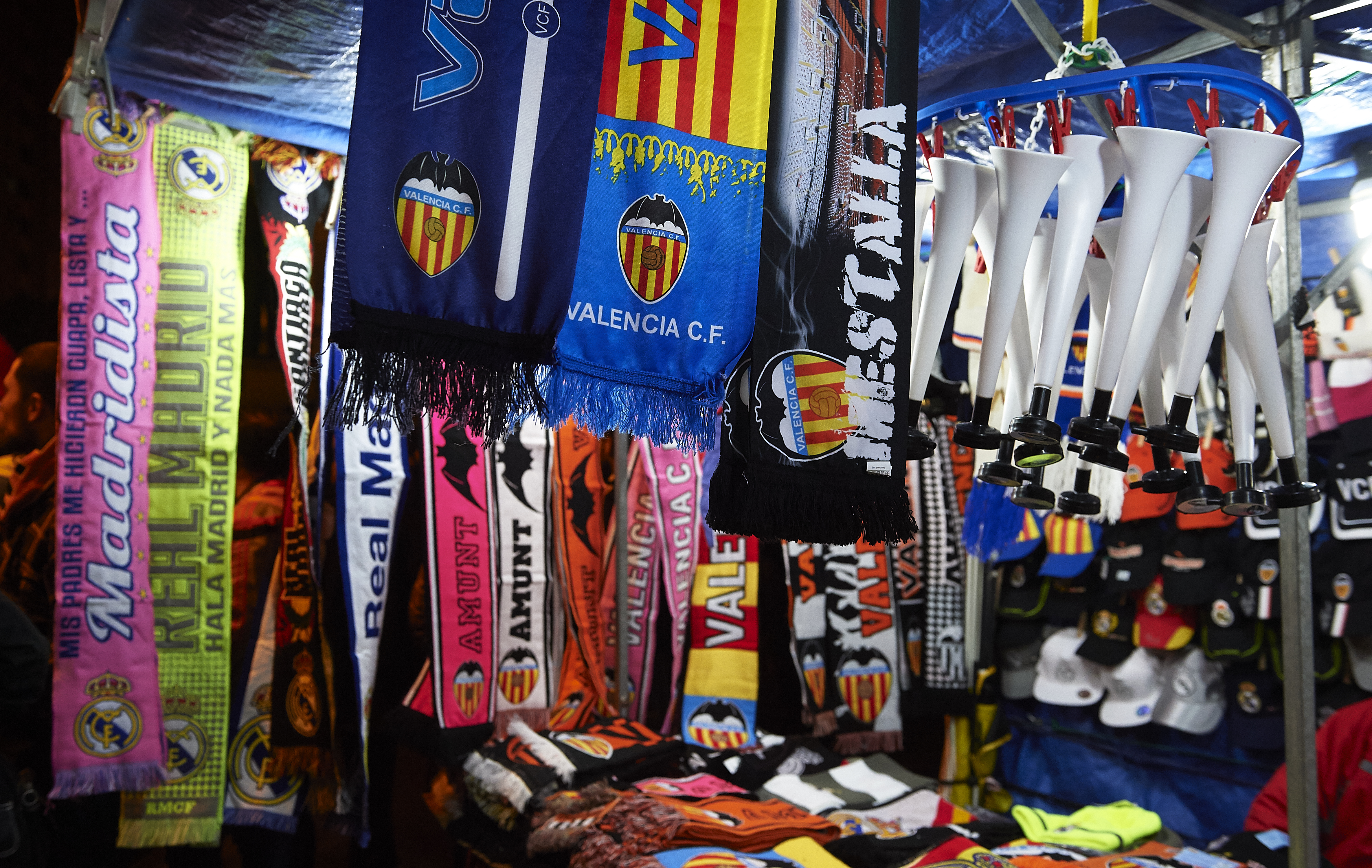 VALENCIA, SPAIN - JANUARY 03:  Scarves are seen on sale outside Estadi de Mestalla prior the La Liga match between Valencia CF and Real Madrid CF at Estadi de Mestalla on January 03, 2016 in Valencia, Spain.  (Photo by Manuel Queimadelos Alonso/Getty Images)