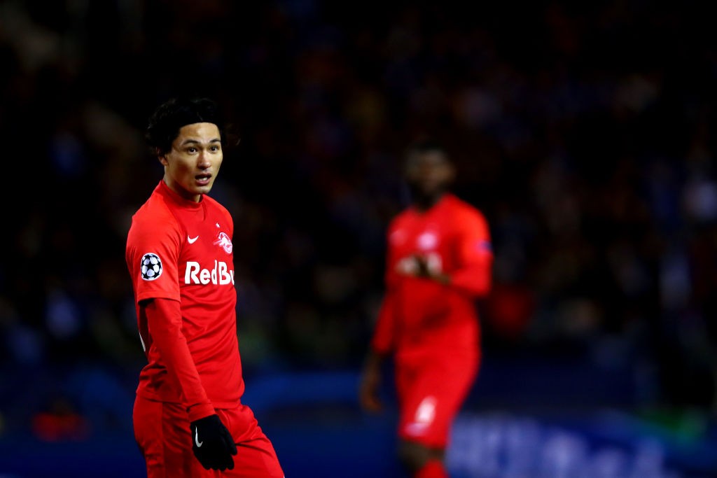 GENK, BELGIUM - NOVEMBER 27: Takumi Minamino of RB Salzburg in action during the UEFA Champions League group E match between KRC Genk and RB Salzburg at Luminus Arena on November 27, 2019 in Genk, Belgium. (Photo by Dean Mouhtaropoulos/Getty Images)