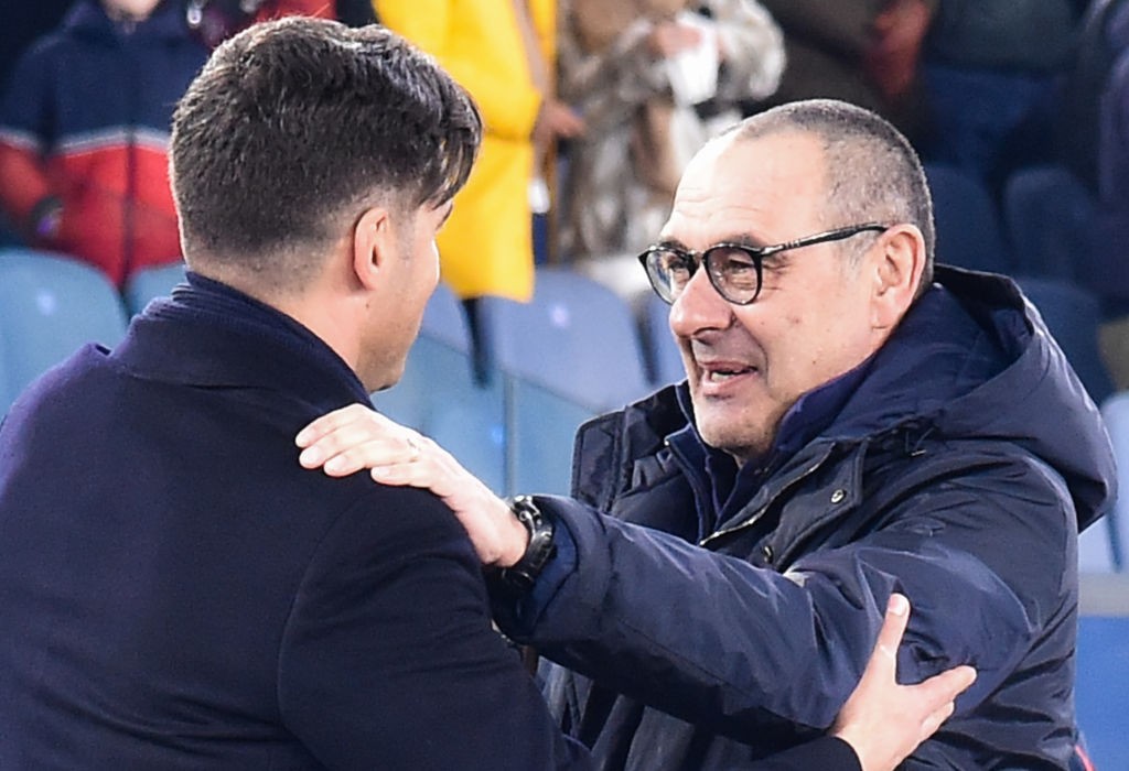 AS Roma's Portuguese head coach Paulo Fonseca (L) and Juventus' Italian coach Maurizio Sarri greet prior to the Italian Serie A football match AS Roma vs Juventus on January 12, 2020 at the Olympic stadium in Rome. (Photo by Andreas SOLARO / AFP) (Photo by ANDREAS SOLARO/AFP via Getty Images)