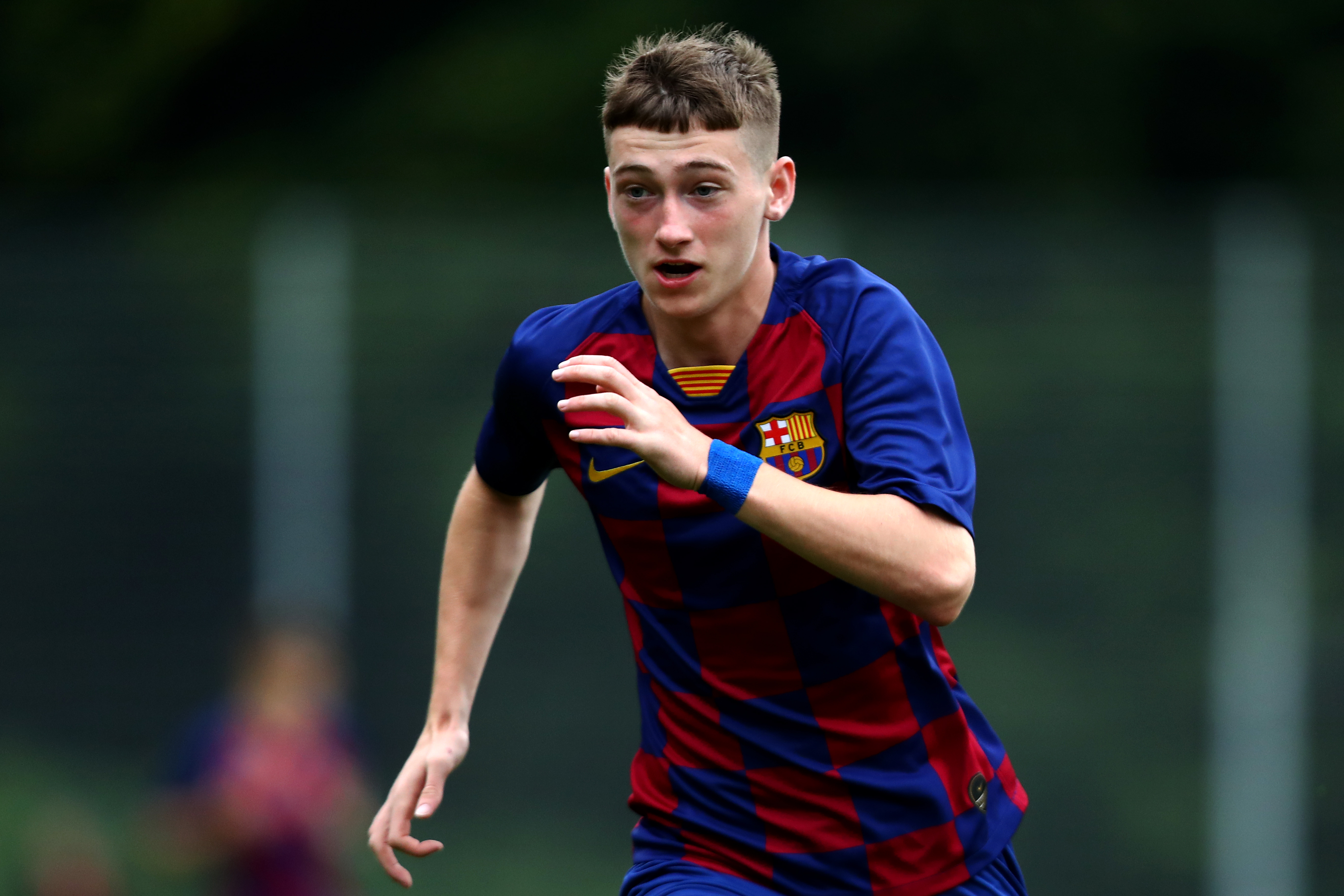 EINDHOVEN, NETHERLANDS - AUGUST 17:  Louie Mark Barry of FC Barcelona in action during The Otten Cup match between PSV Eindhoven and FC Barcelona held at De Herdgang, the training ground & youth academy field of PSV Eindhoven on August 17, 2019 in Eindhoven, Netherlands. (Photo by Dean Mouhtaropoulos/Getty Images)