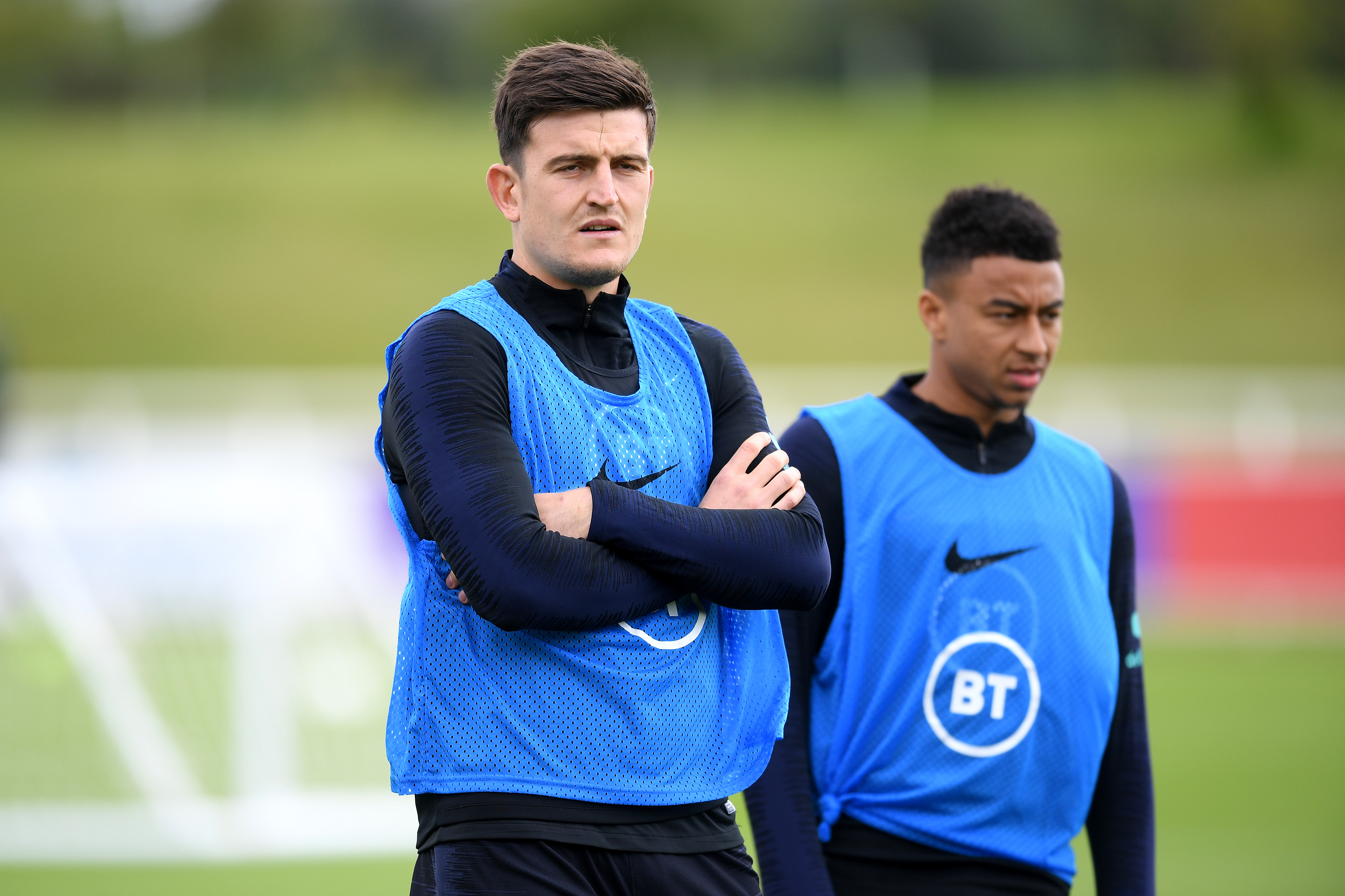 BURTON-UPON-TRENT, ENGLAND - SEPTEMBER 02: Harry Maguire and Jesse Lingard during an England Media Access day at St Georges Park on September 02, 2019 in Burton-upon-Trent, England. (Photo by Michael Regan/Getty Images)